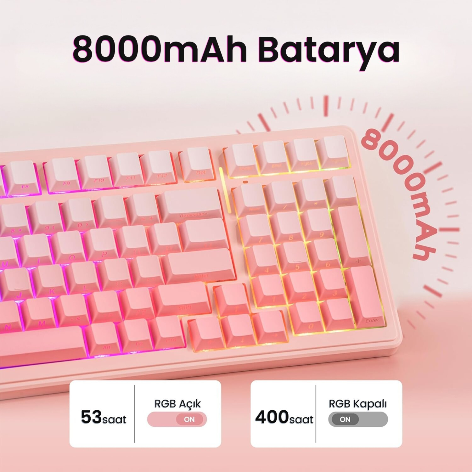 RGB aydınlatmalı pembe klavye ve 8000 mAh pil ömrü hakkında metin.