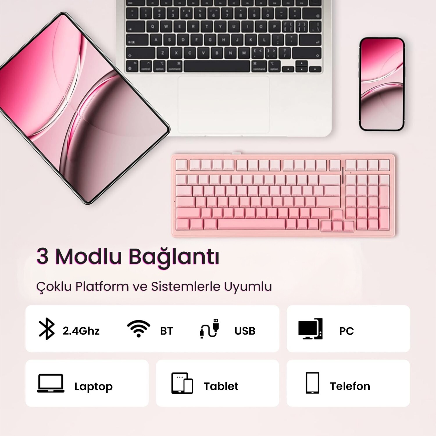 Bir dizüstü bilgisayar, pembe klavye, akıllı telefon ve bağlantı metni.