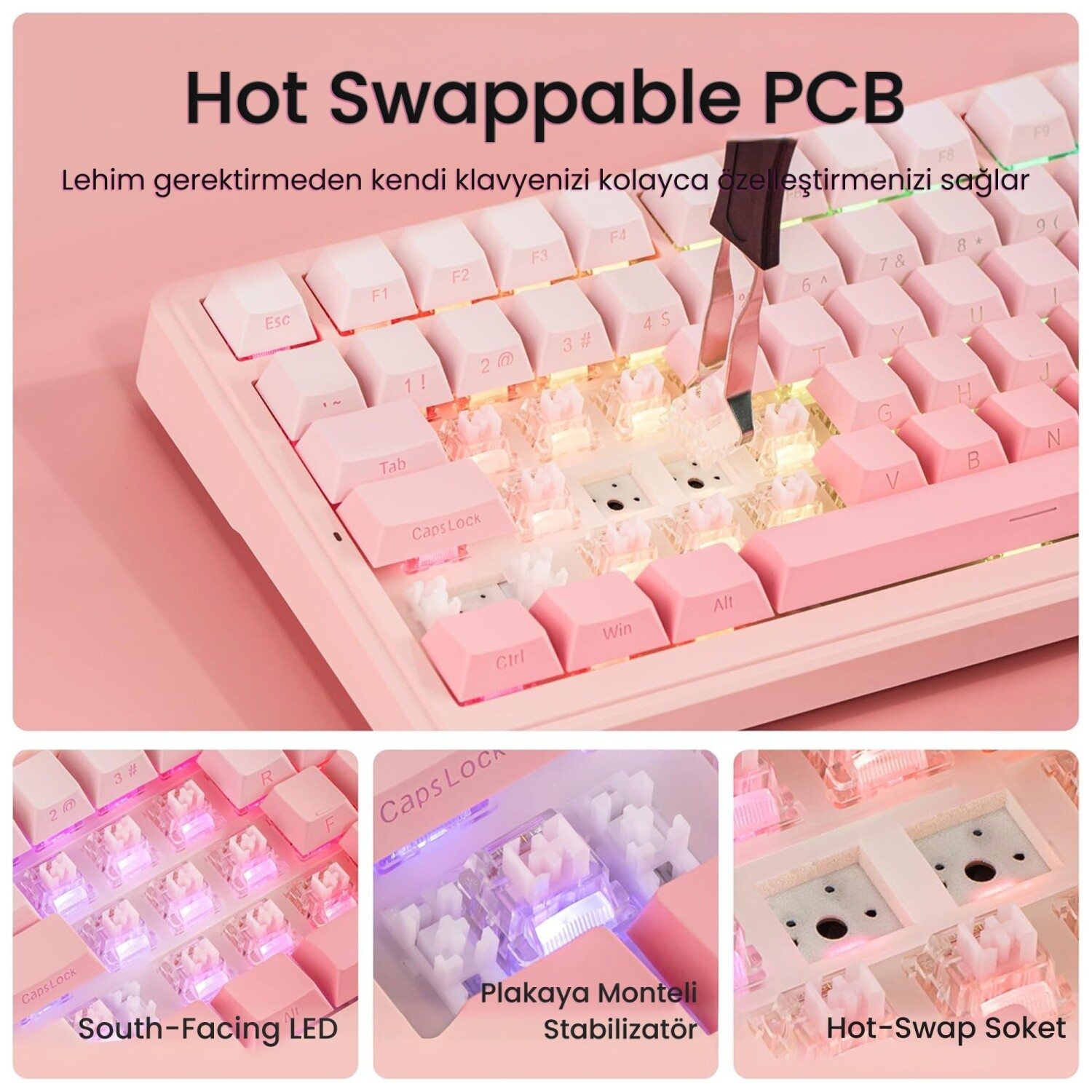 Hot-swappable PCB'li ve aydınlatmalı tuşlara sahip pembe mekanik klavye.