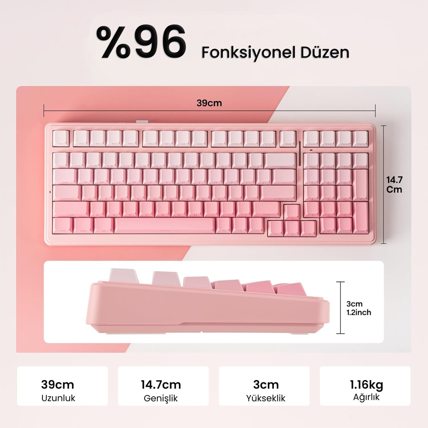 Pembe %96 klavye, 39x14,7x3 cm boyutlarında ve 1,16 kg ağırlığında.