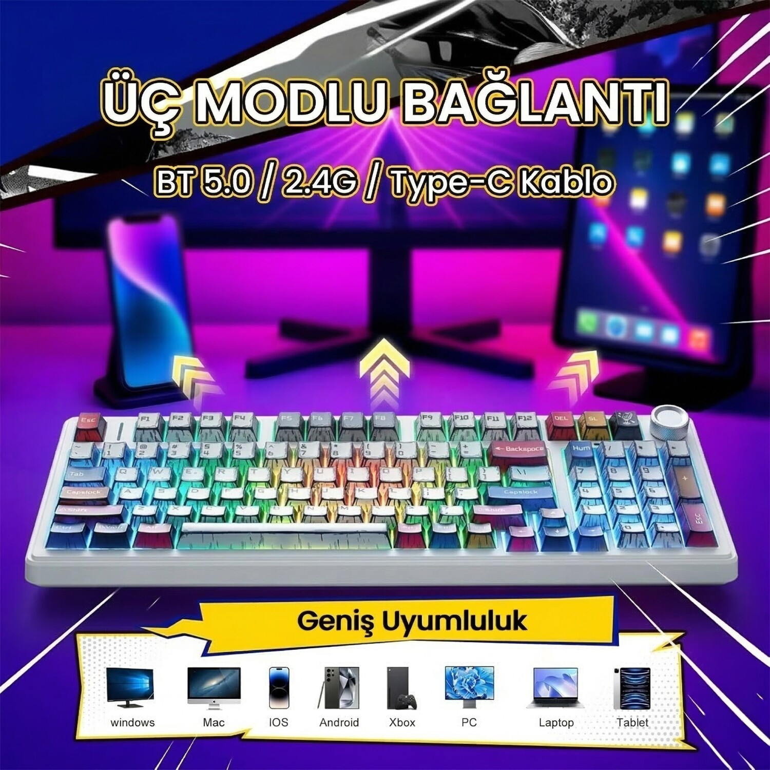 Çoklu bağlantı seçeneklerine sahip beyaz RGB klavye, çeşitli cihazlarla uyumludur.