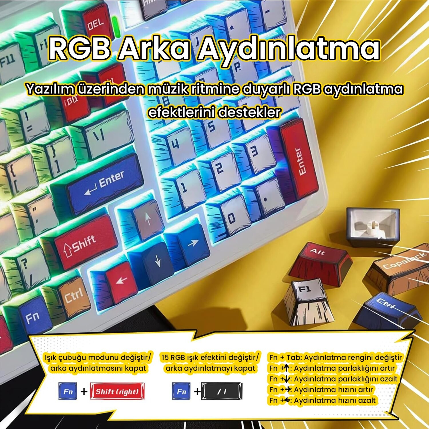 RGB aydınlatmalı ve tuş başlıkları olan bir klavyenin yakın çekimi.