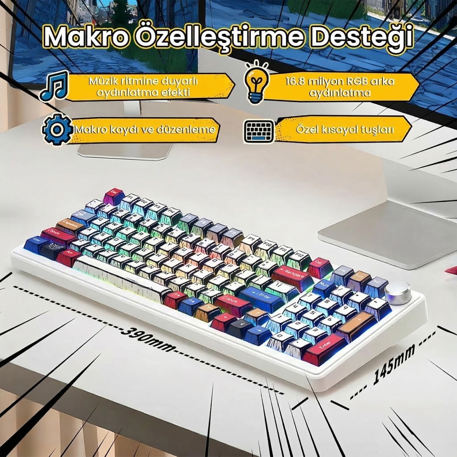 Türkçe tuş takımı ve RGB aydınlatmalı beyaz bir klavye.