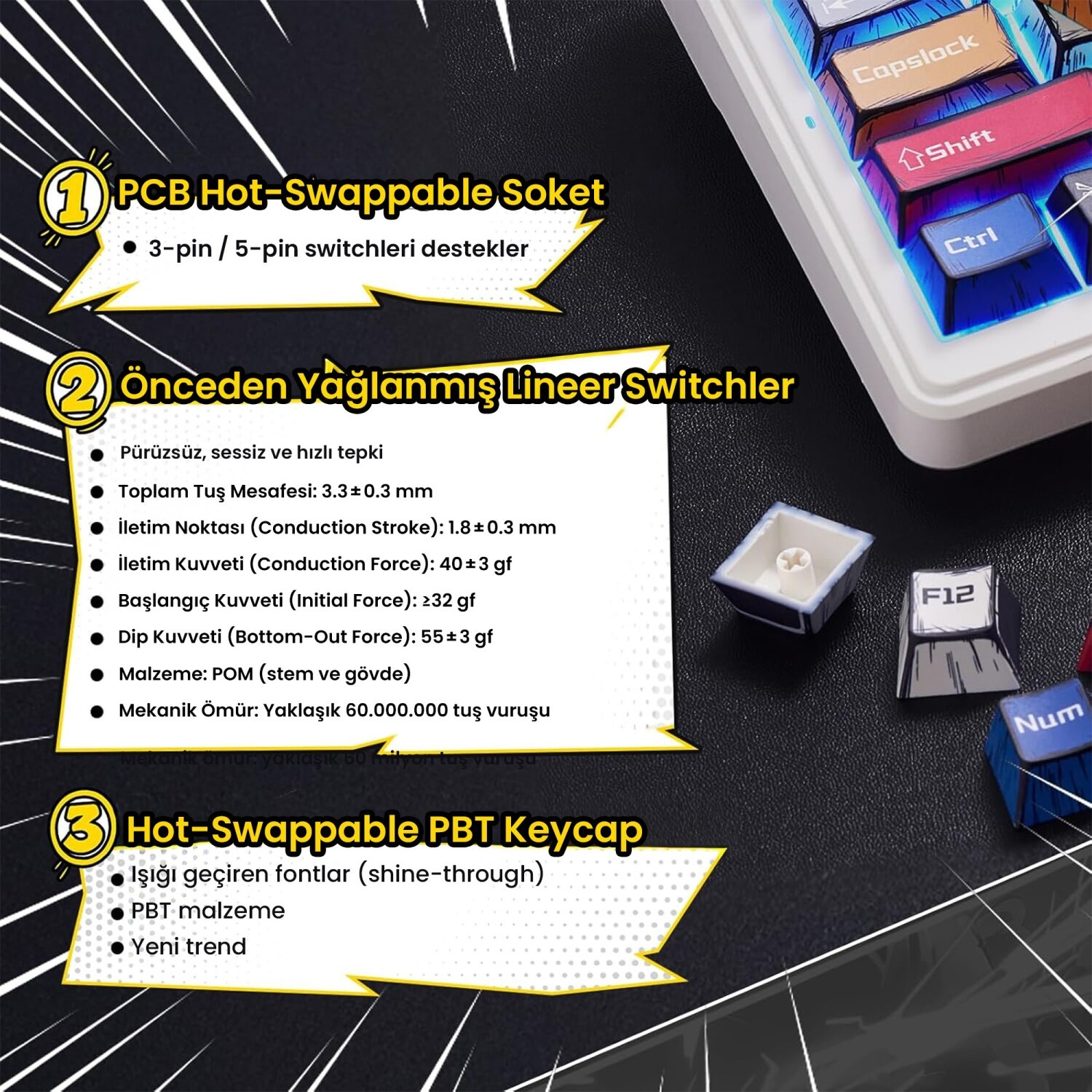Klavye bileşenleri: Hot-swappable soketler, lineer switchler, PBT tuş başlıkları.