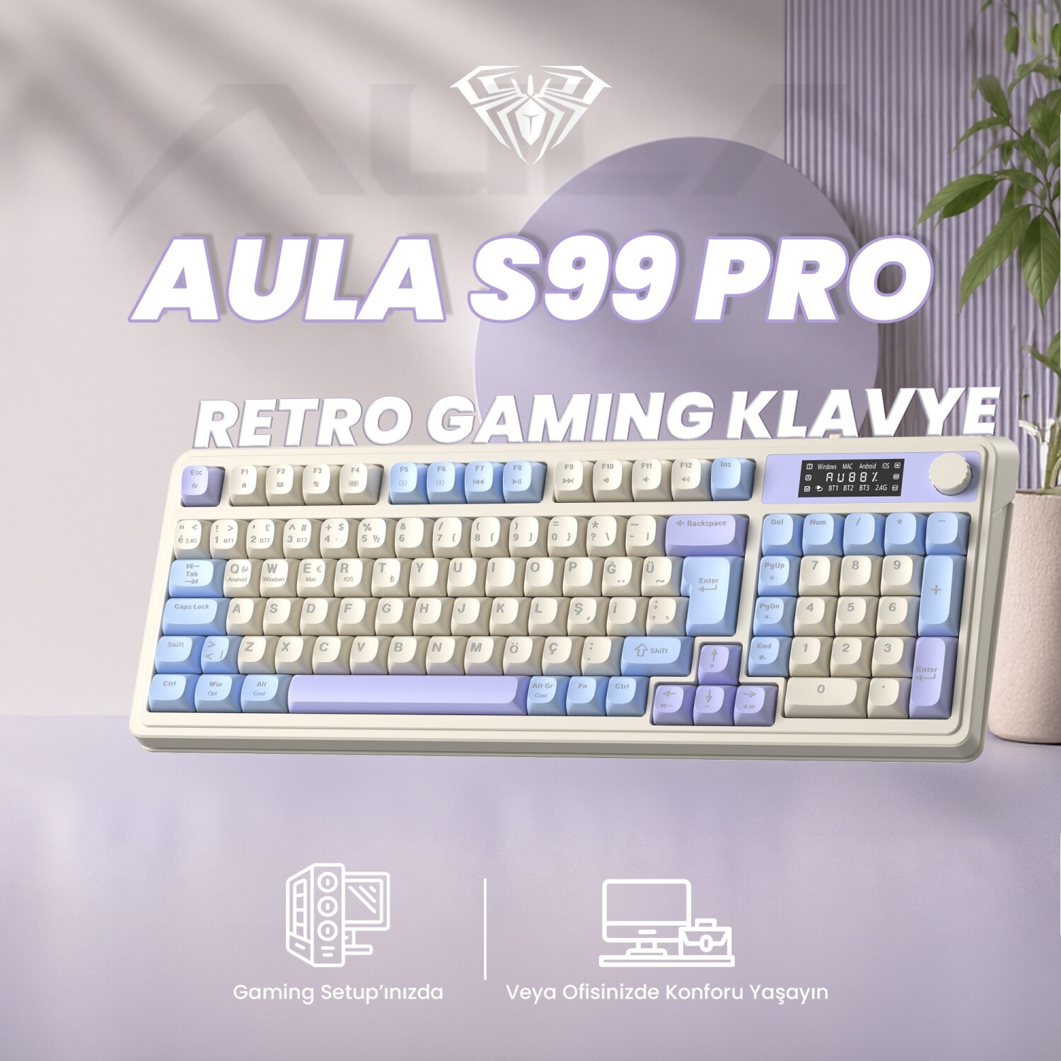 AULA S99 PRO retro oyun klavyesi mor ve beyaz tuşlarla.