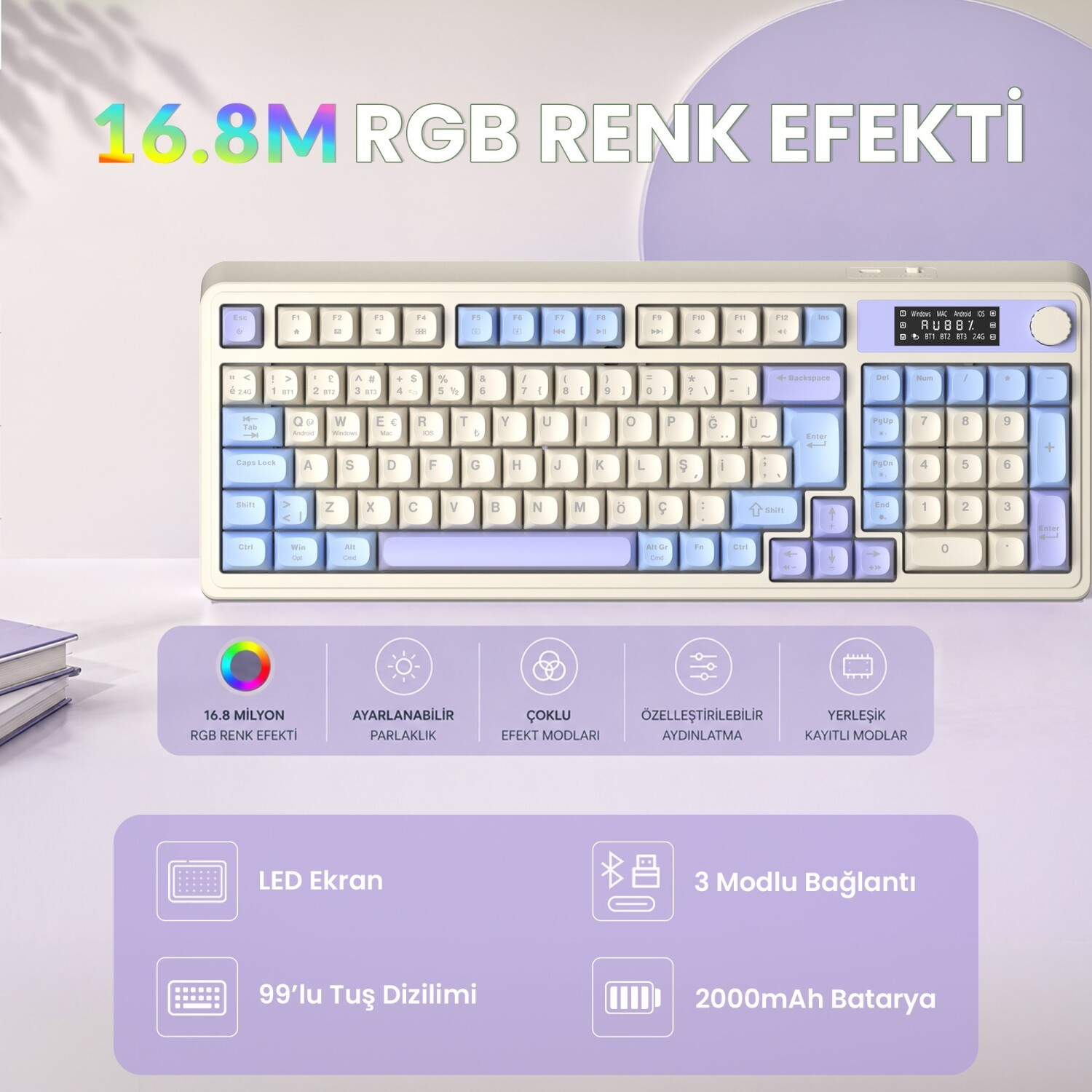 AULA S99 Pro Retro RGB Bluetooth 2.4GHz Type-C 3 Mod Makrolu Türkçe Q Kablosuz Gaming Klavye Mavi