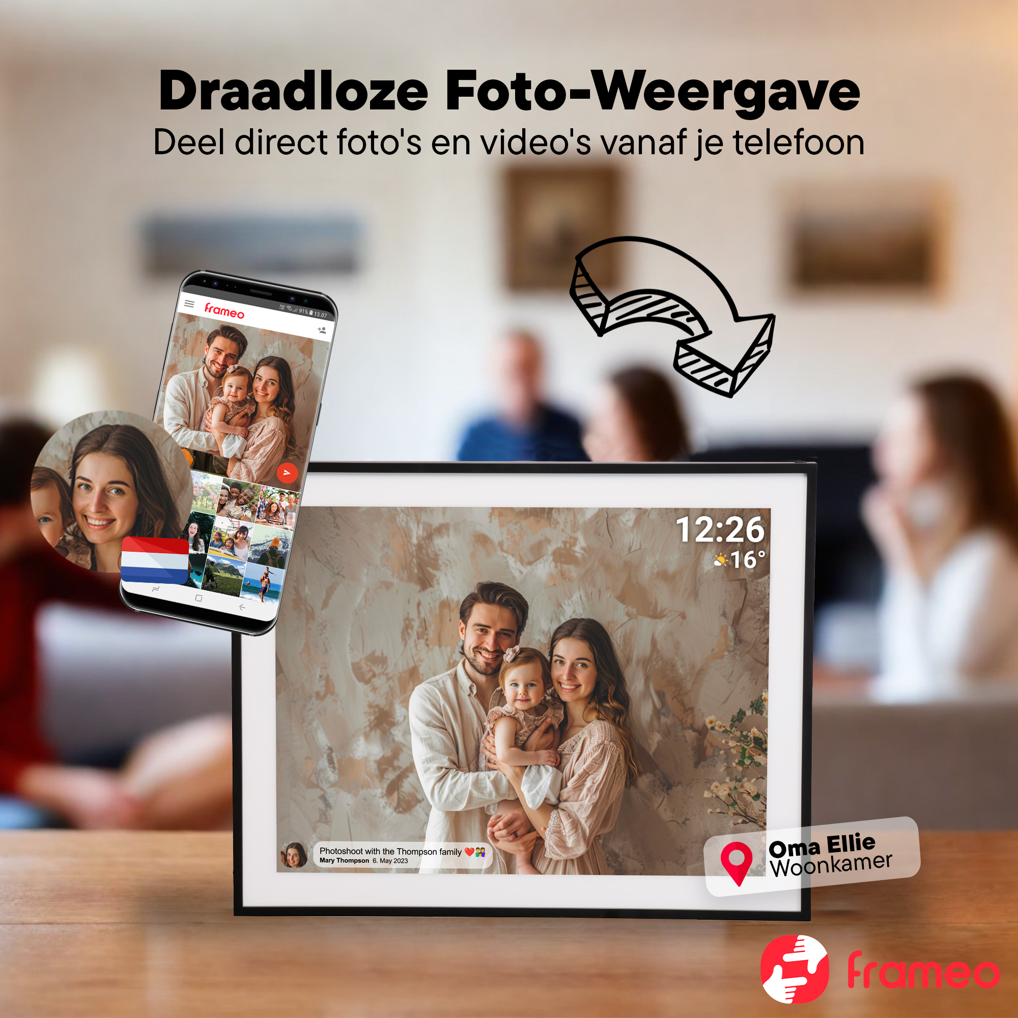 Smartfon wyświetla zdjęcie rodzinne; ramka cyfrowa pokazuje ten sam obraz.