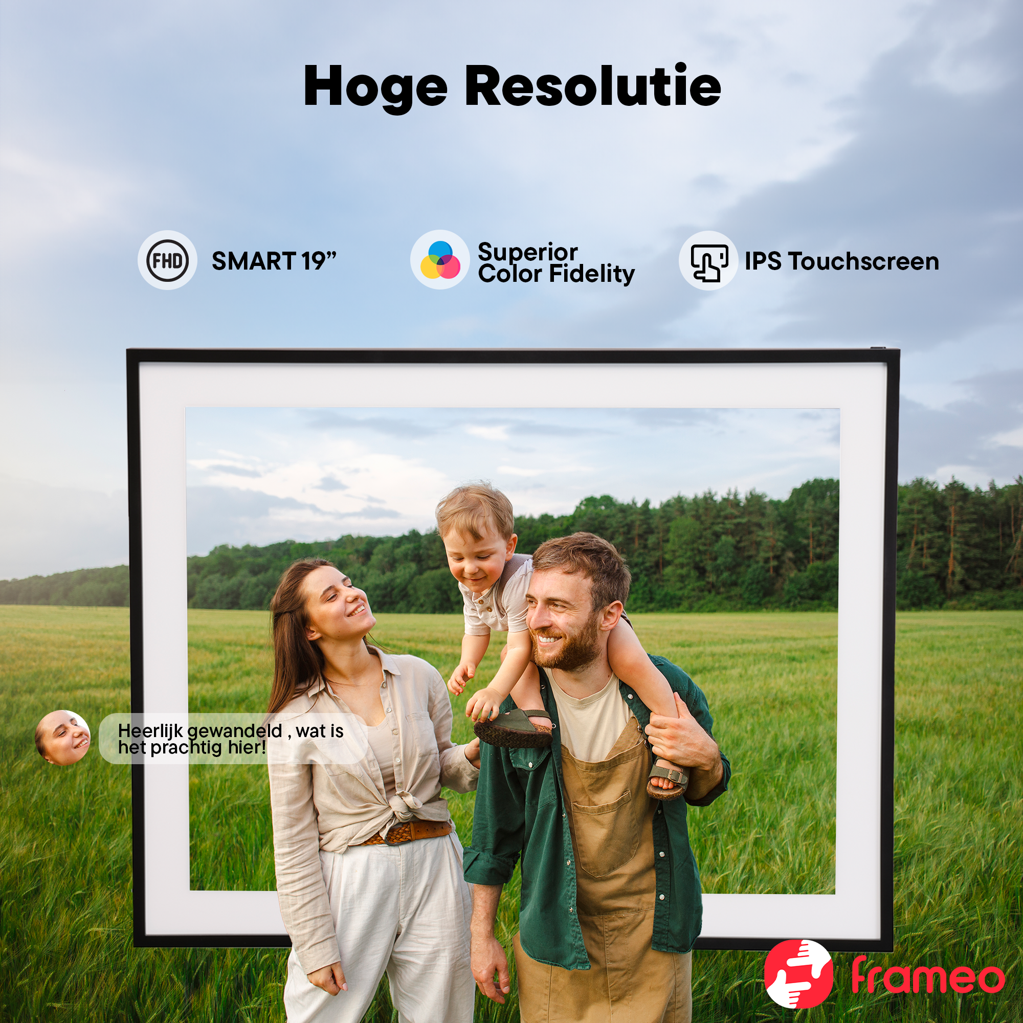 Family outdoors in front of a digital frame showing FHD, Smart 19", Superior Color Fidelity, IPS Touchscreen.