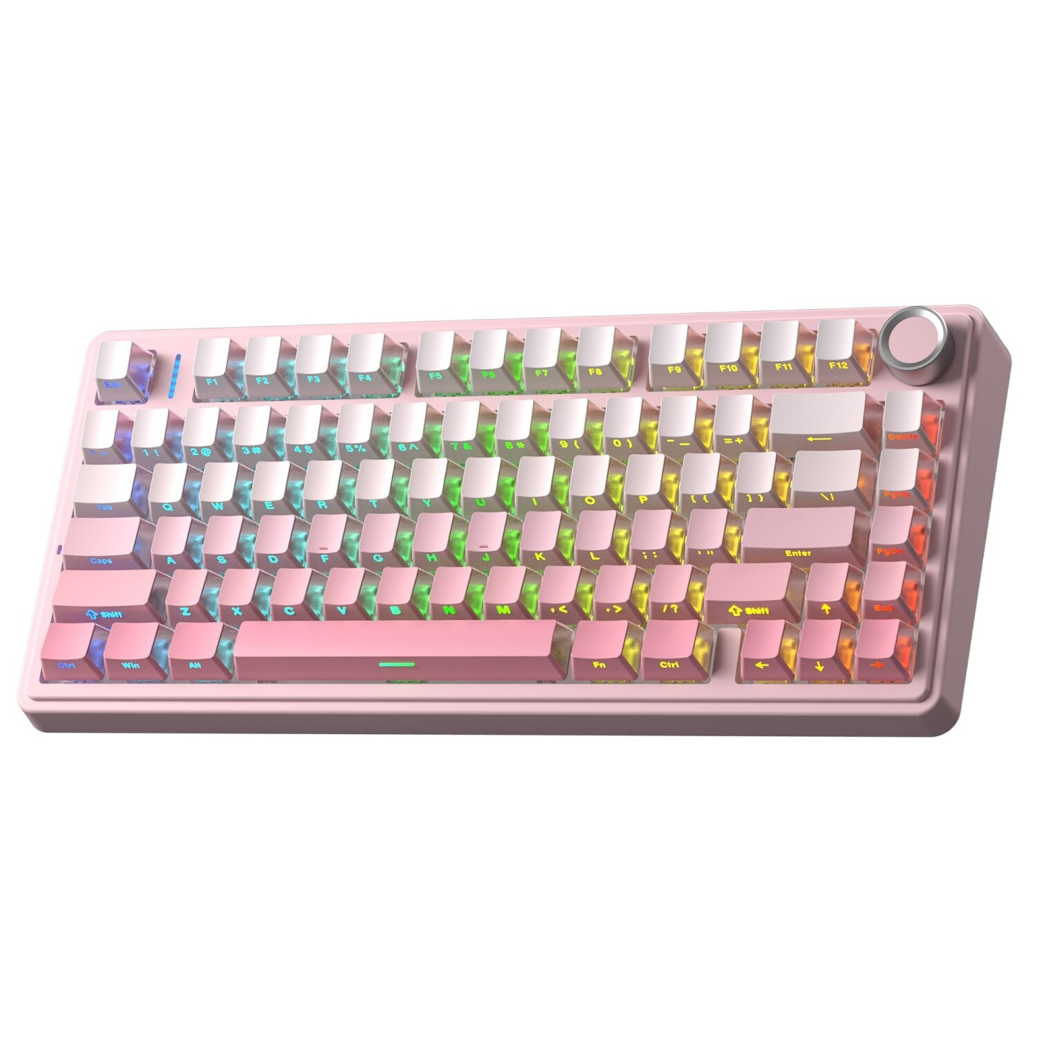 RGB aydınlatmalı pembe mekanik klavye. Sağ üstte döner düğme bulunur.