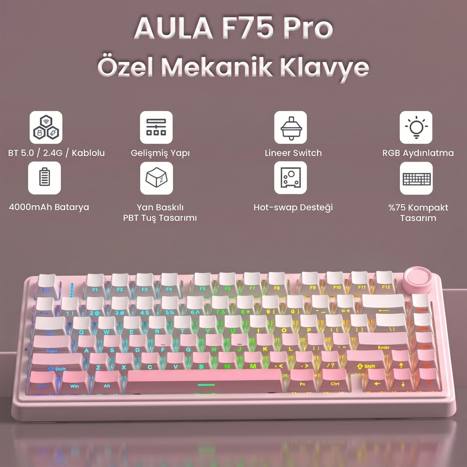 RGB aydınlatmalı ve çeşitli özelliklere sahip pembe AULA F75 Pro mekanik klavye.