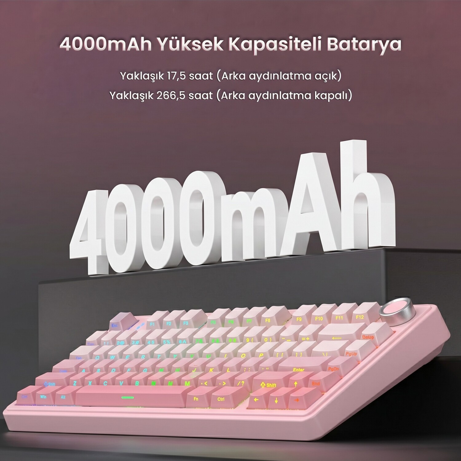 Işıklı tuşlara ve 4000mAh bataryaya sahip pembe oyuncu klavyesi.