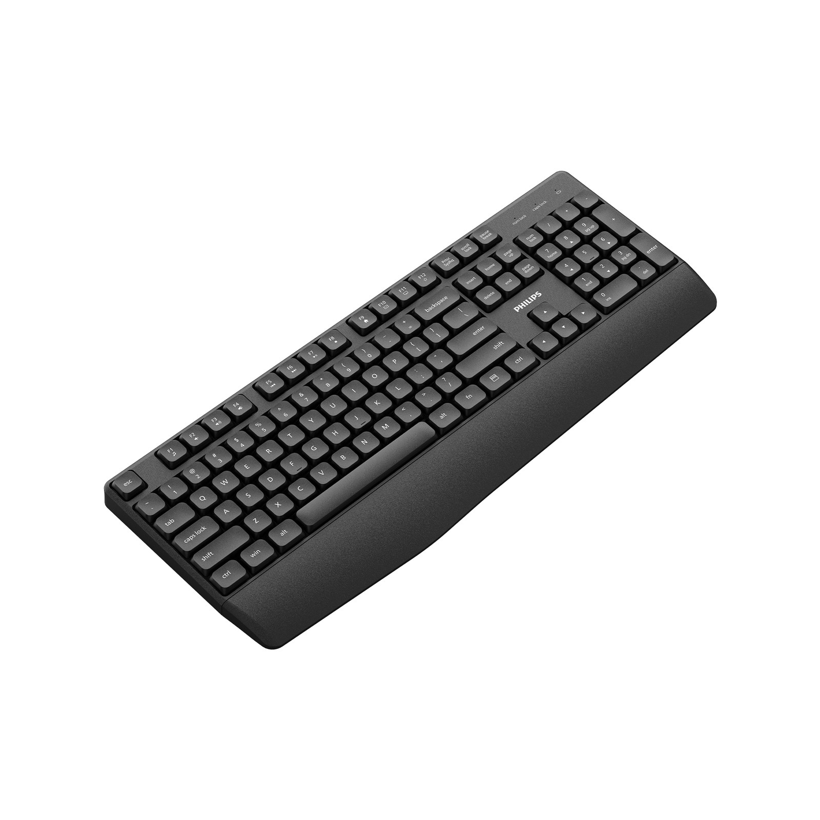 Ergonomik tasarımlı siyah Philips klavye, beyaz arka plan üzerinde.