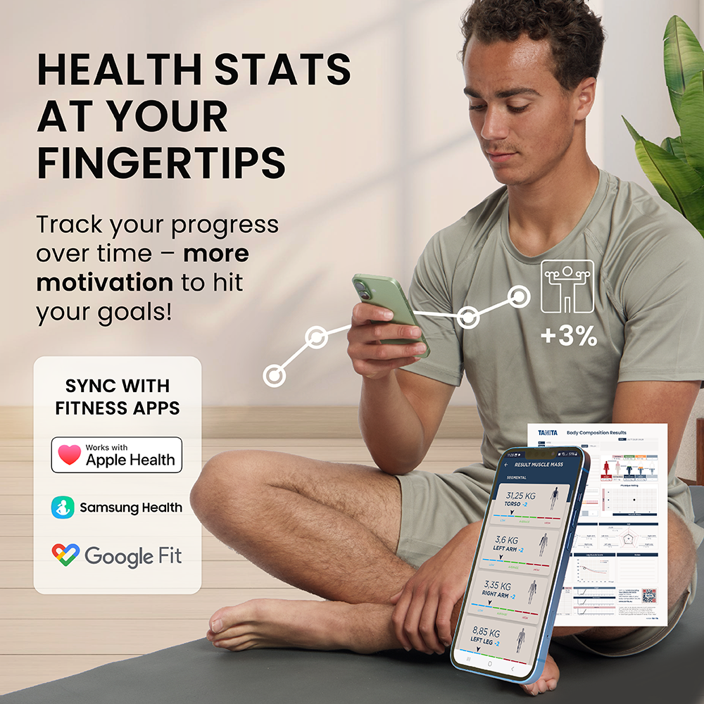 Man holding phone showing health stats. Sync with Apple, Samsung, Google Fit.