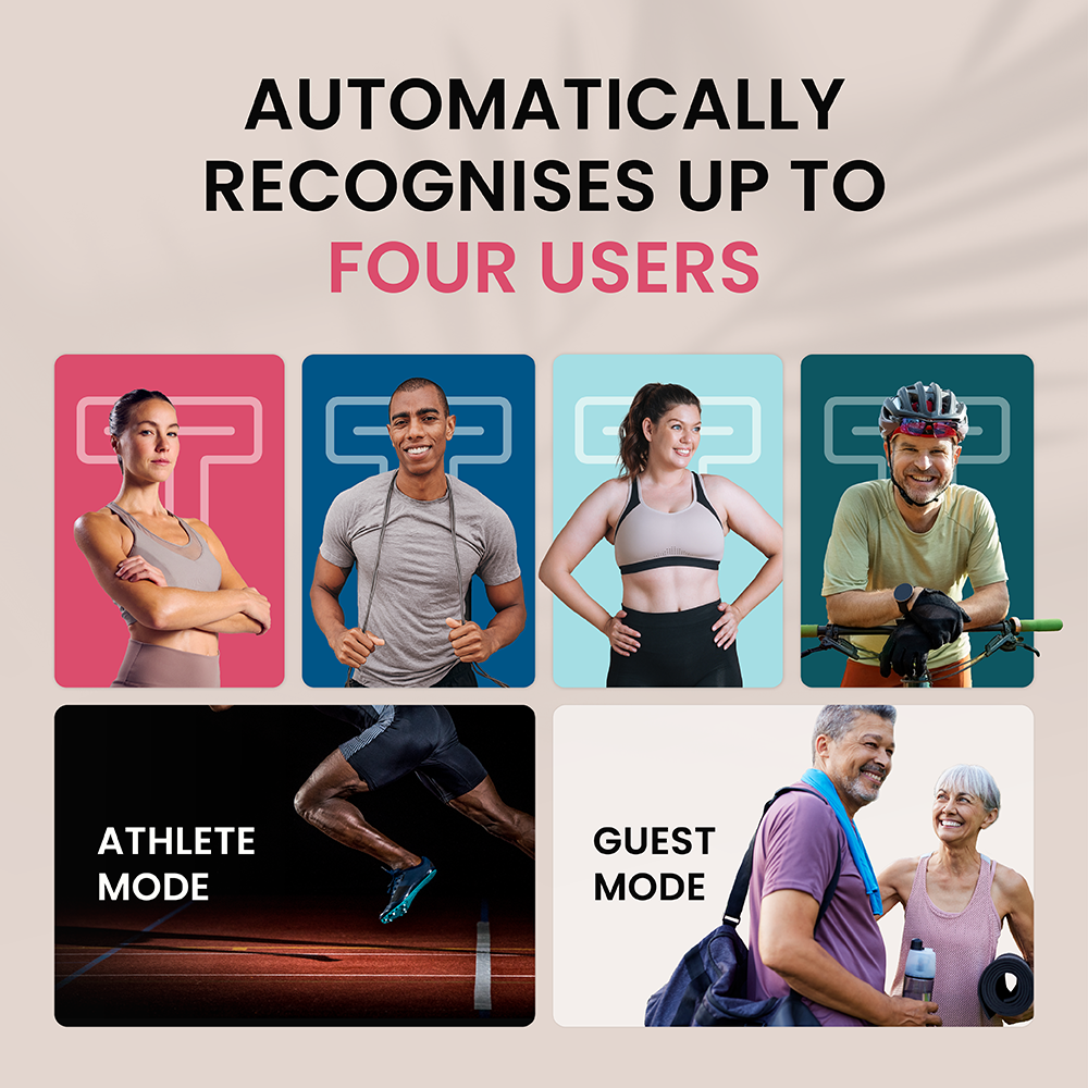 Four users: woman, man with jump rope, woman, cyclist. Athlete & guest modes.