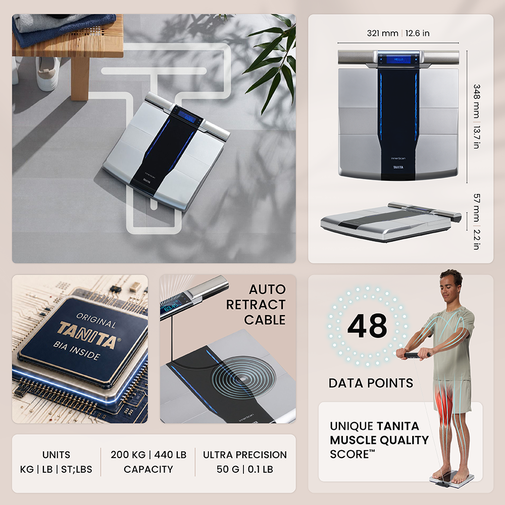 Tanita body composition scale with BIA chip, auto-retract cable, and dimensions.