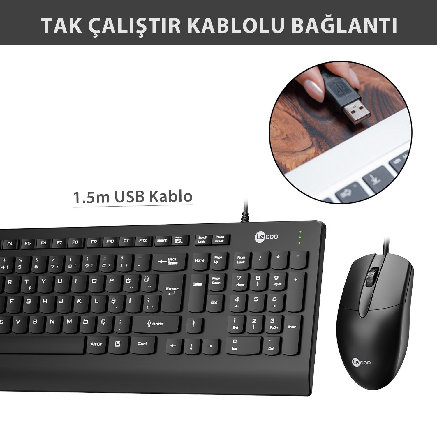 Ahşap zeminde USB bağlantılı ve kablolu siyah klavye ve fare.