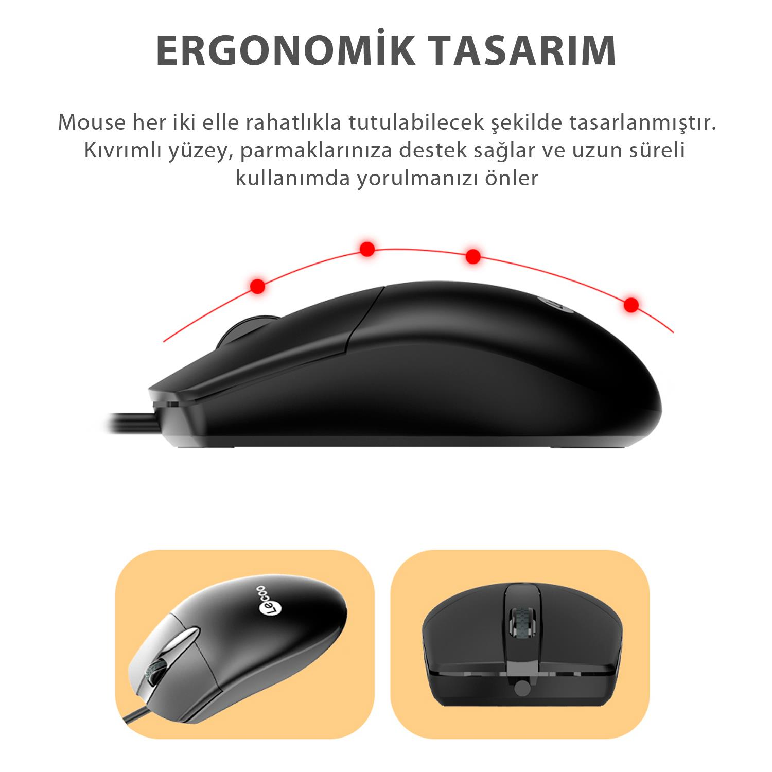 Siyah ergonomik fare, şeklini gösteren kırmızı çizgiyle.