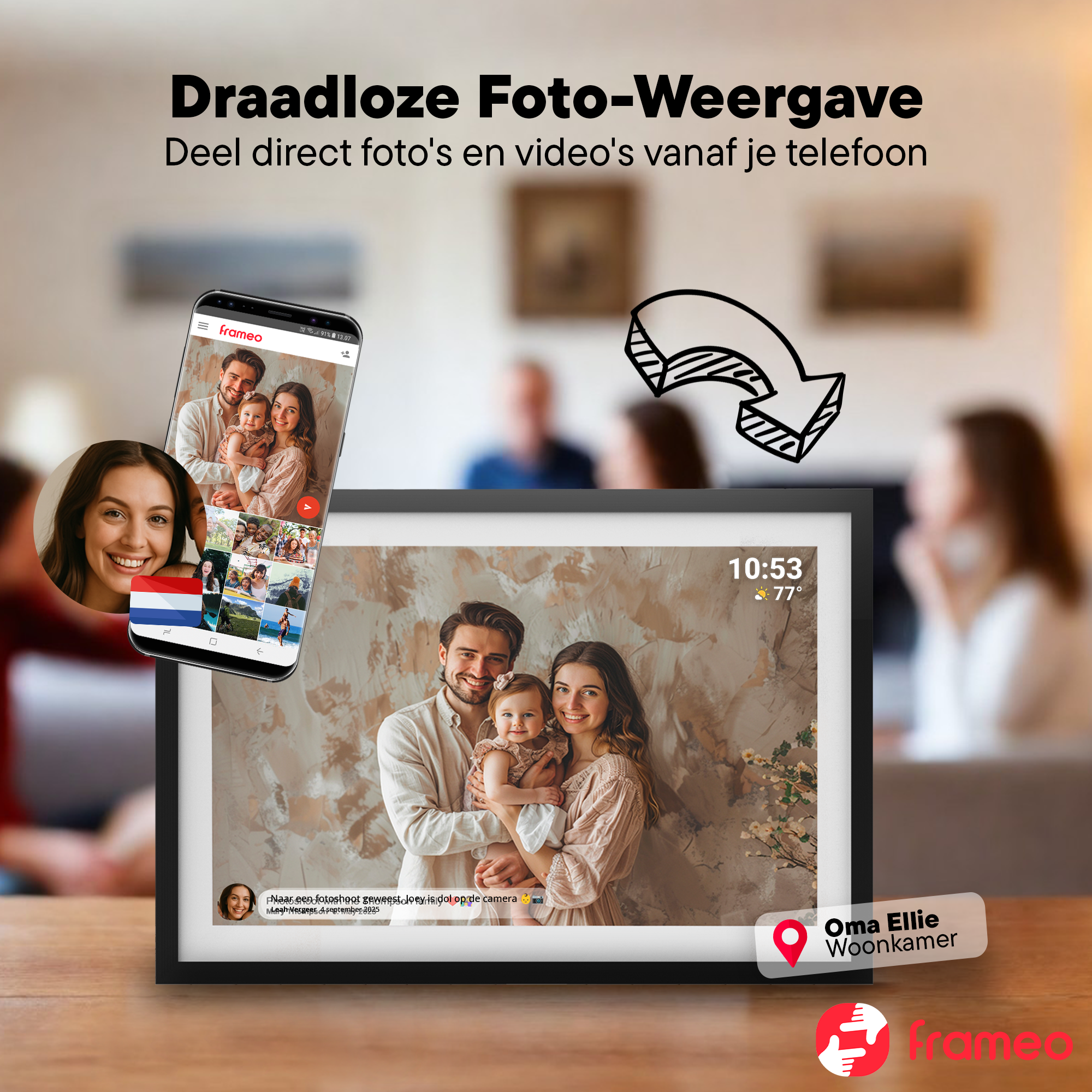 Ein Smartphone zeigt ein Foto einer Familie, daneben ein digitaler Bilderrahmen mit dem gleichen Foto.