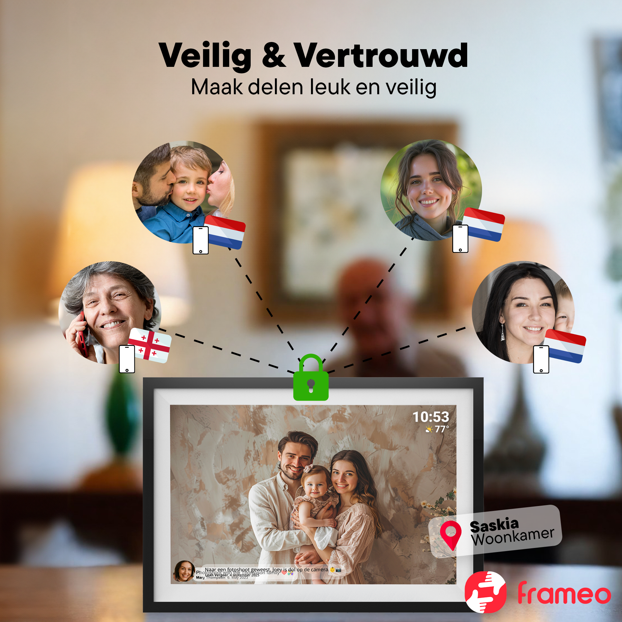 Ein digitaler Bilderrahmen zeigt Familienfotos und Verbindungen über Flaggen und ein Schloss.