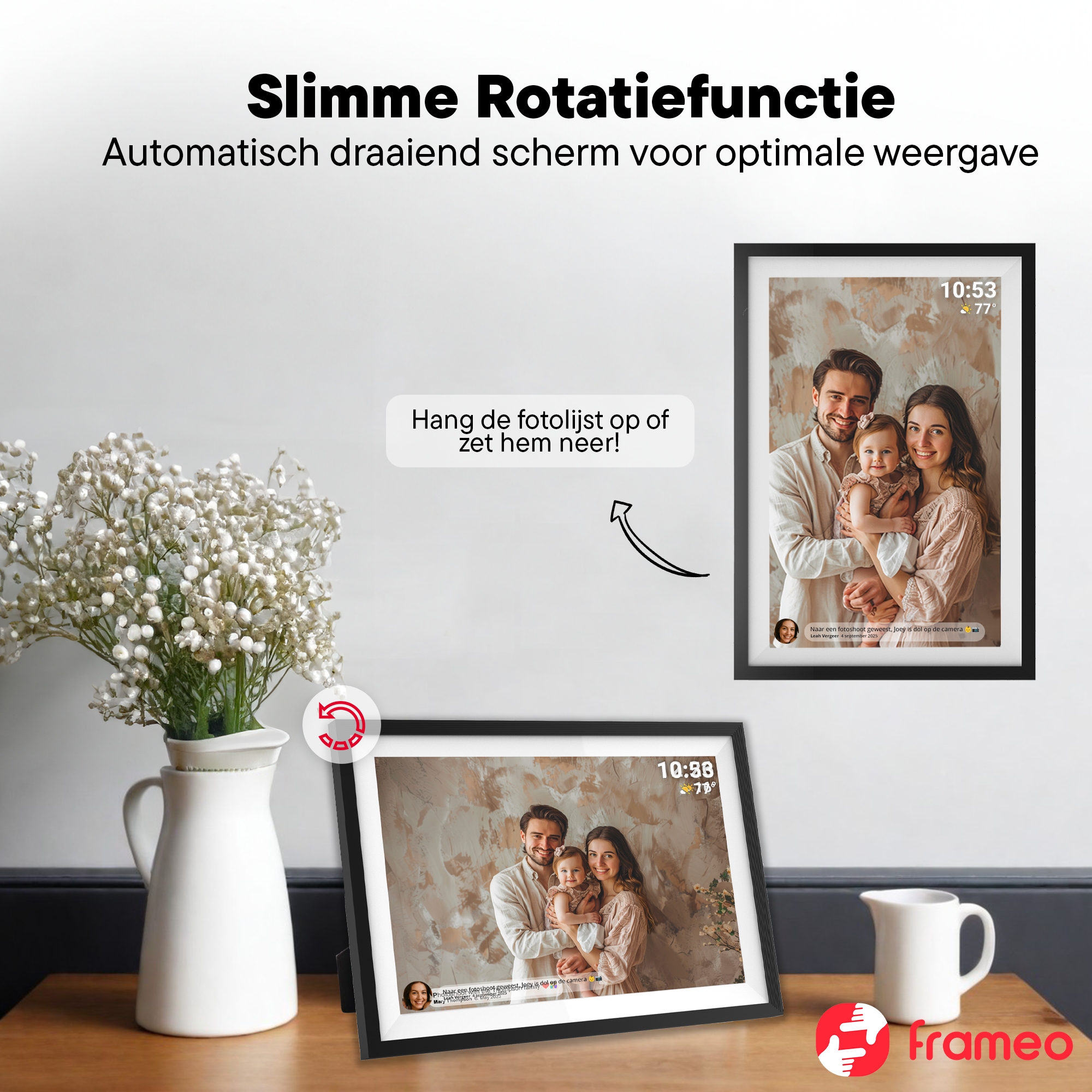 Ein digitaler Bilderrahmen zeigt eine Familie, der andere zeigt Blumen.