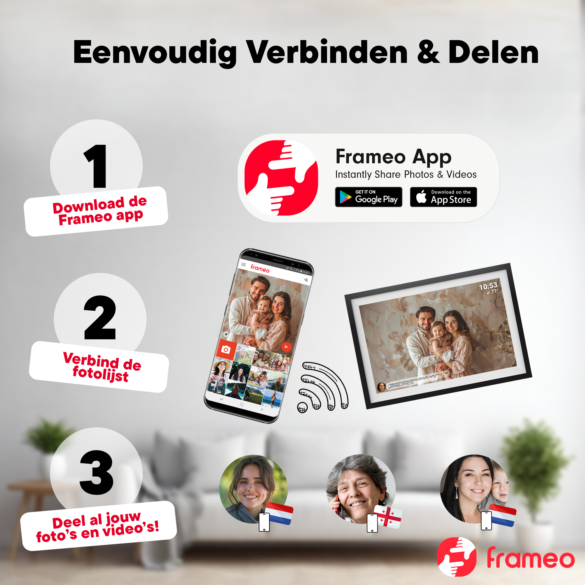 Anleitung: App herunterladen, Fotorahmen verbinden, Fotos teilen.