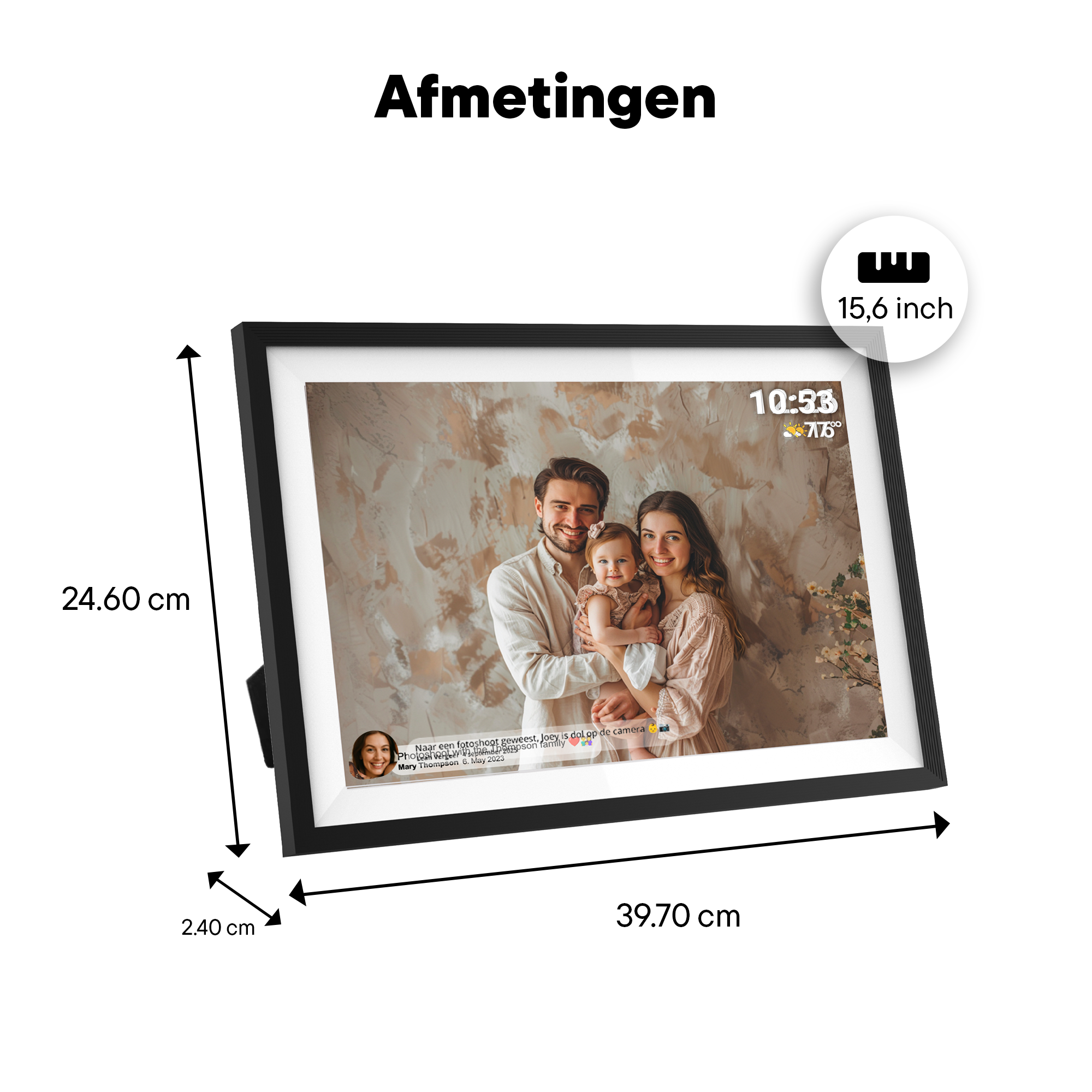 Digitaler Bilderrahmen mit Familie, Maße 24.60x39.70x2.40cm, 15.6 Zoll.