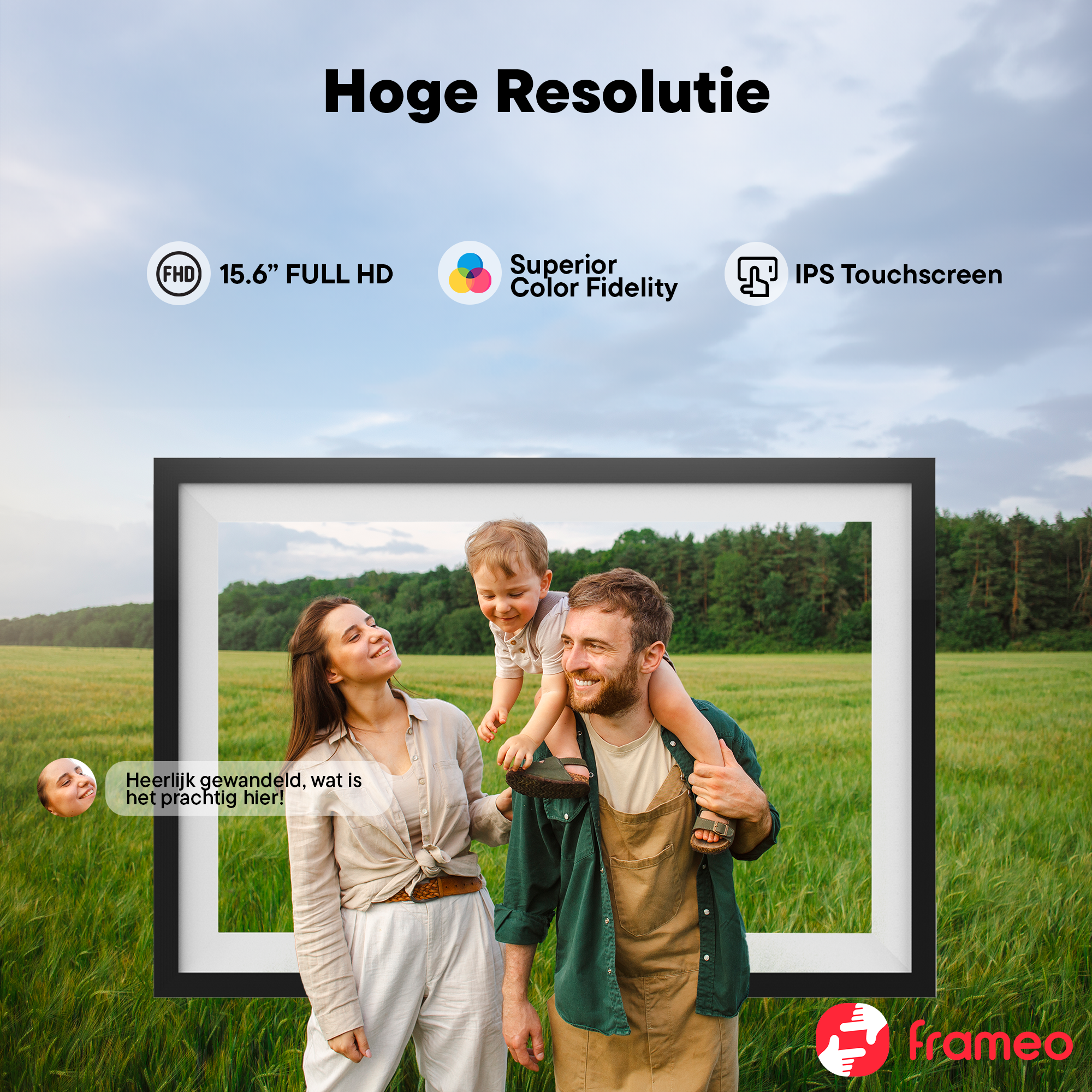 Family in a green field, screen specs displayed above.