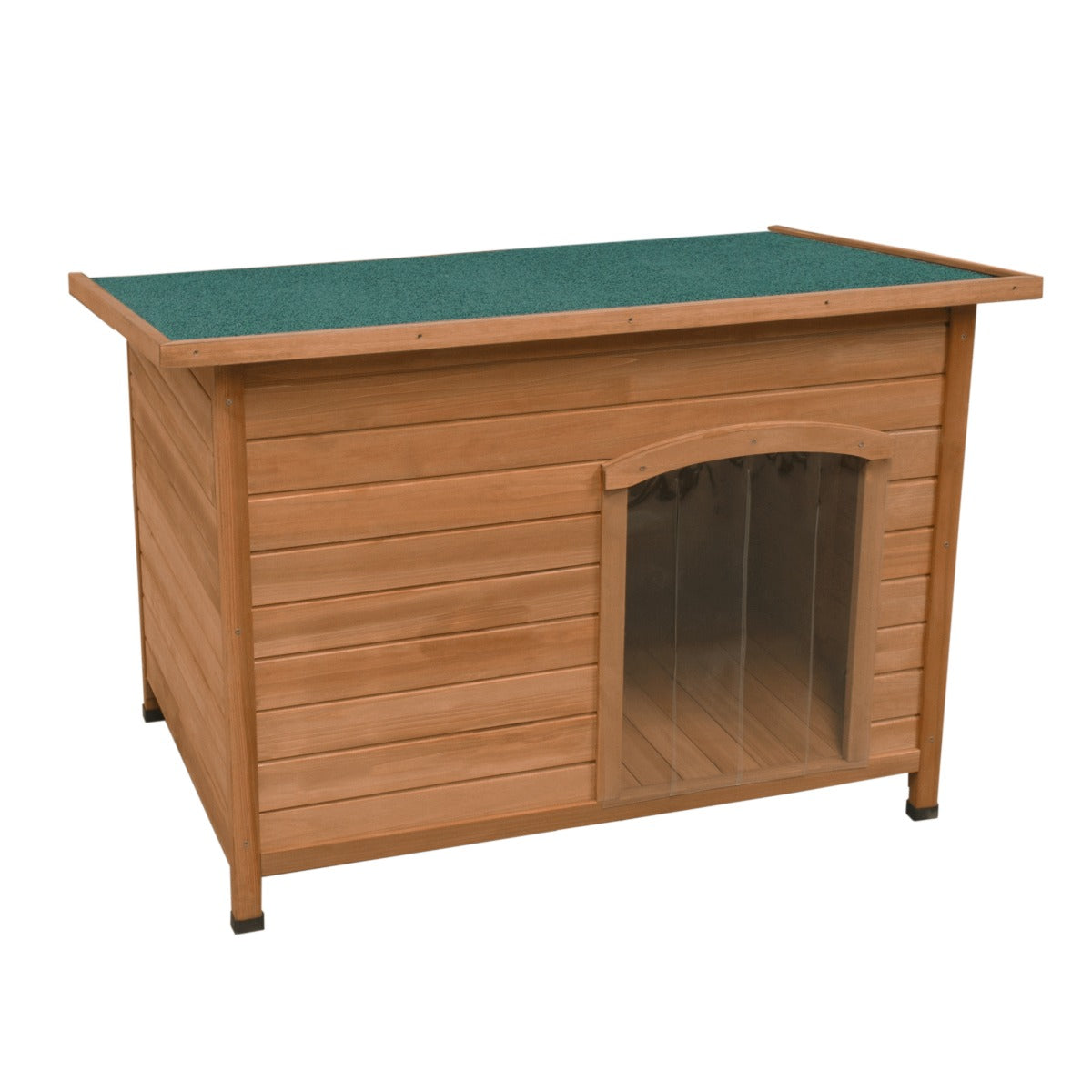 Casa de madera para perros con techo verde y entrada transparente. Se apoya en cuatro patas.