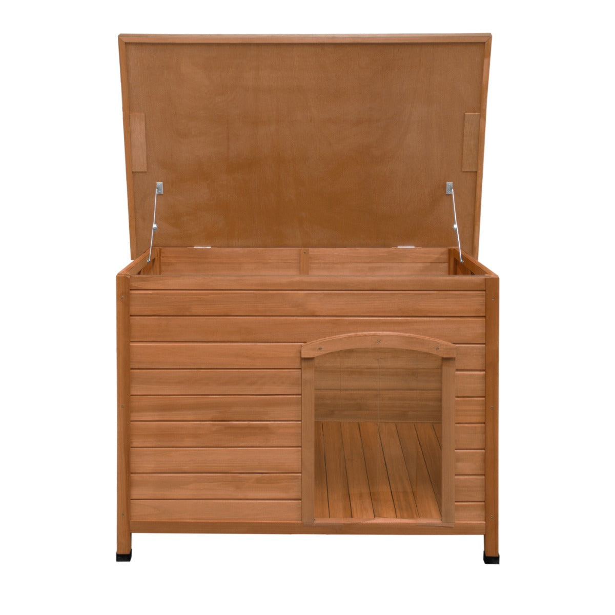 Casa de perro de madera con tapa y puerta abiertas.
