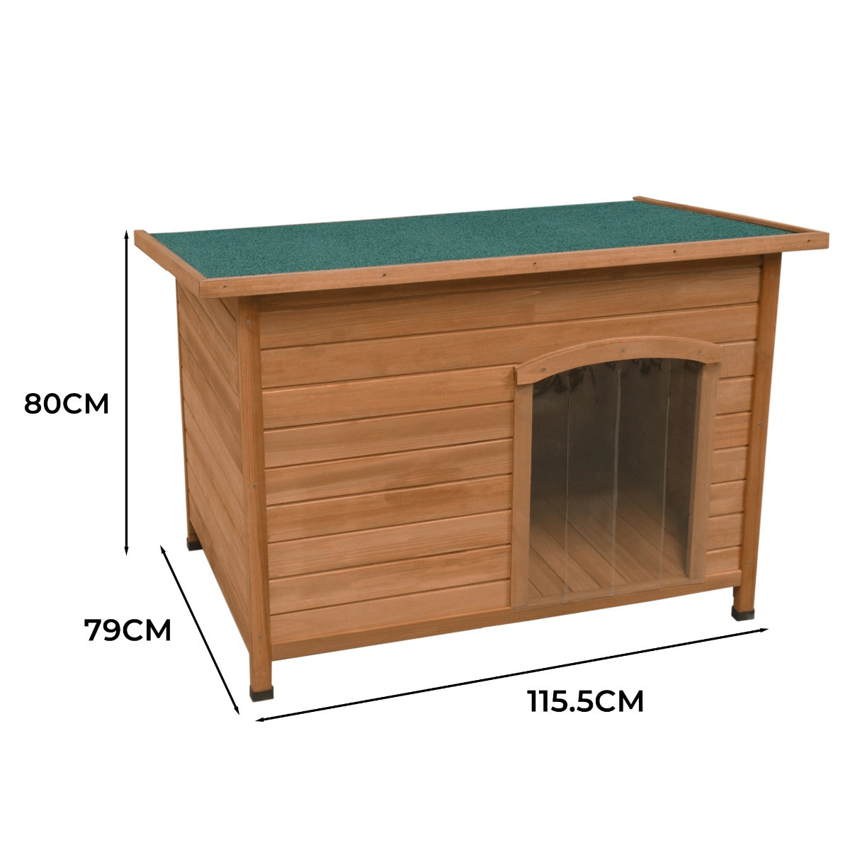 Casa de madera para perros con techo verde. Dimensiones: 80cm Al, 79cm An, 115.5cm L.