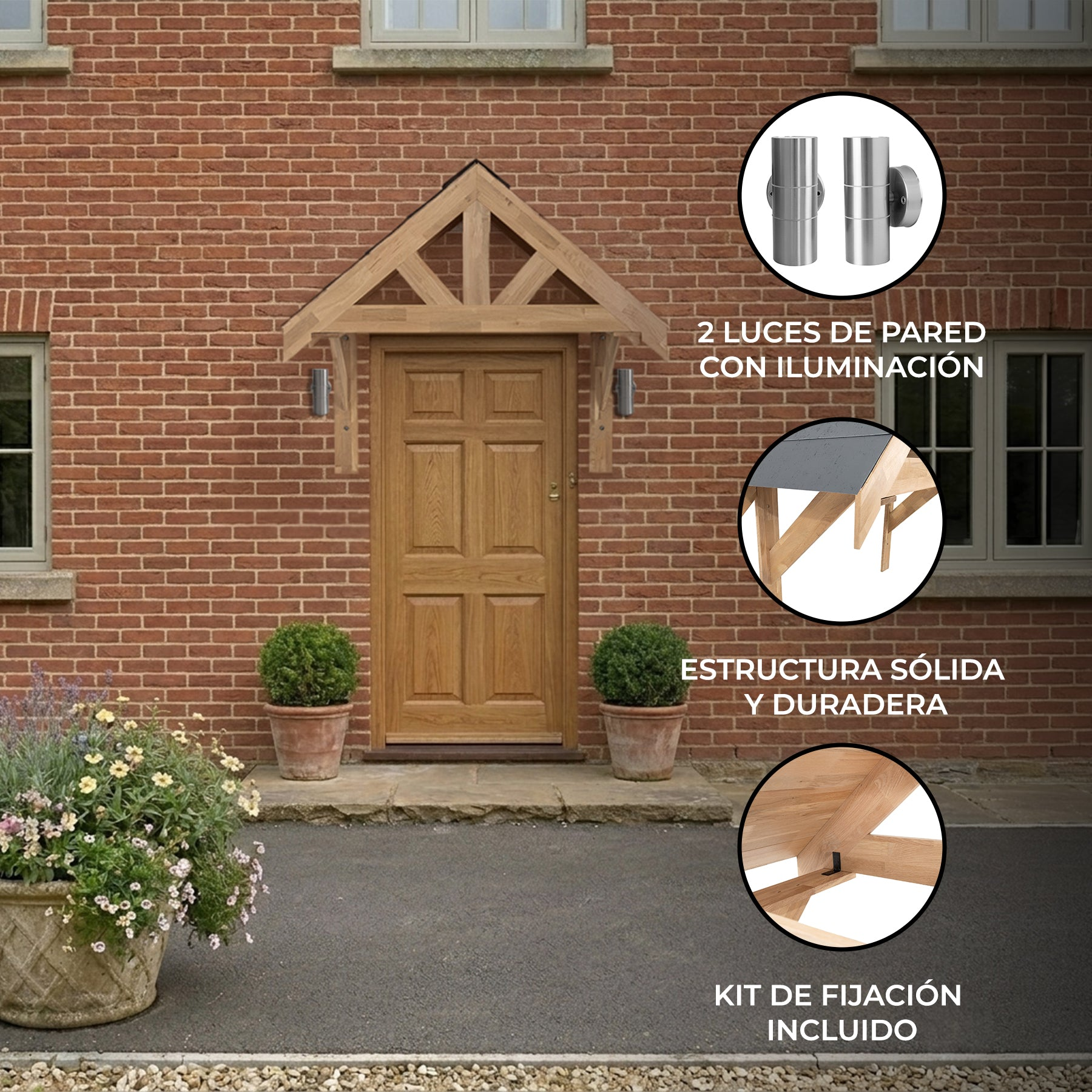 Techo de porche de madera sobre puerta marrón con dos apliques y plantas.