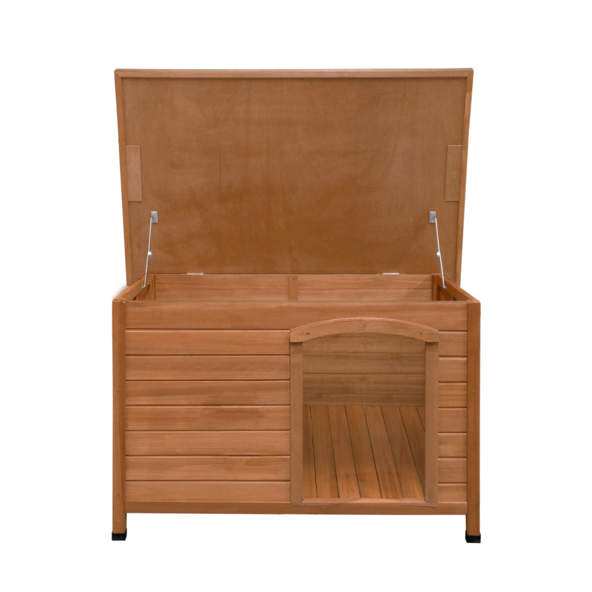 Casa de perro de madera con tapa y puerta abiertas, sobre fondo blanco.