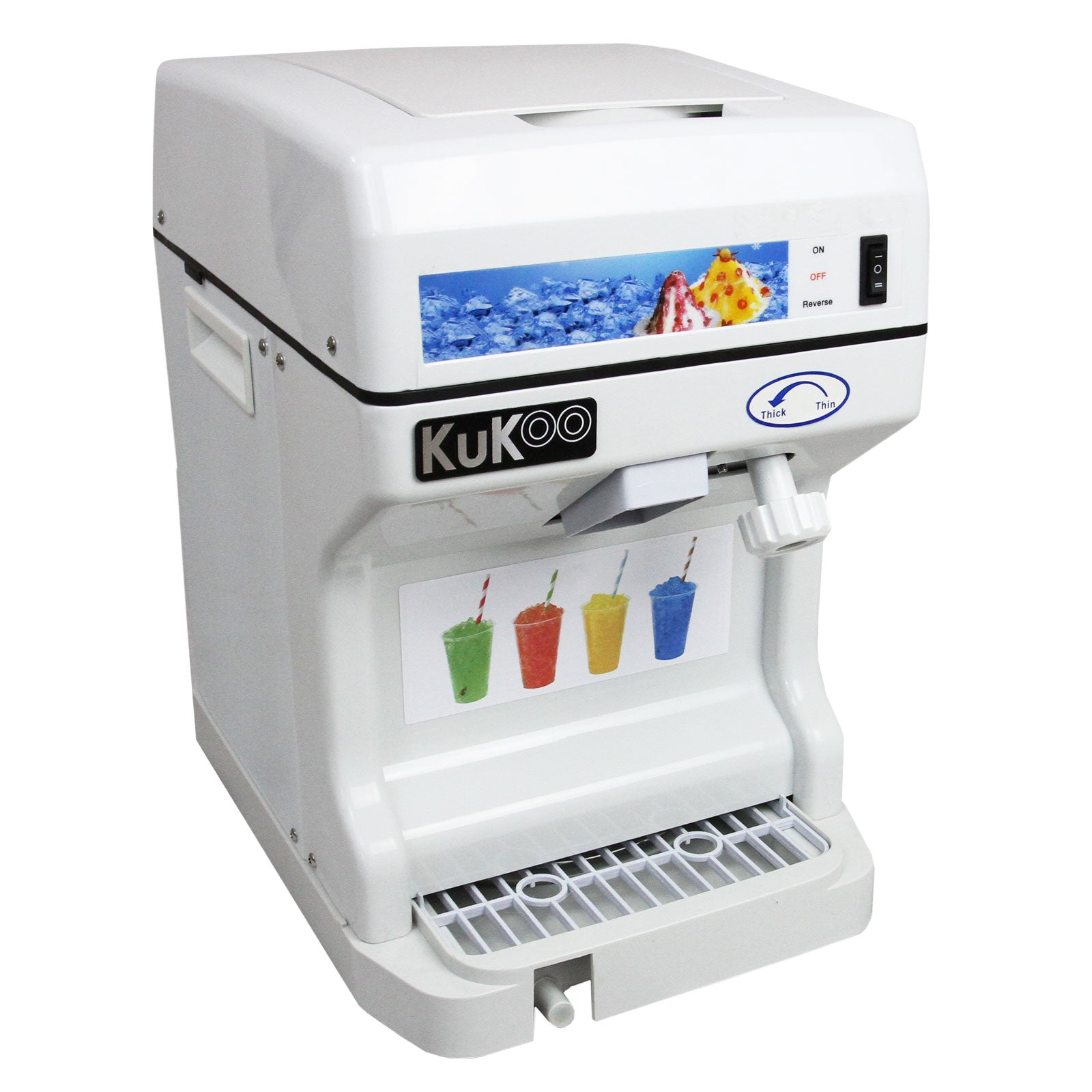 Una máquina raspadora de hielo blanca con el logo "KuKoo" e imágenes de bebidas.