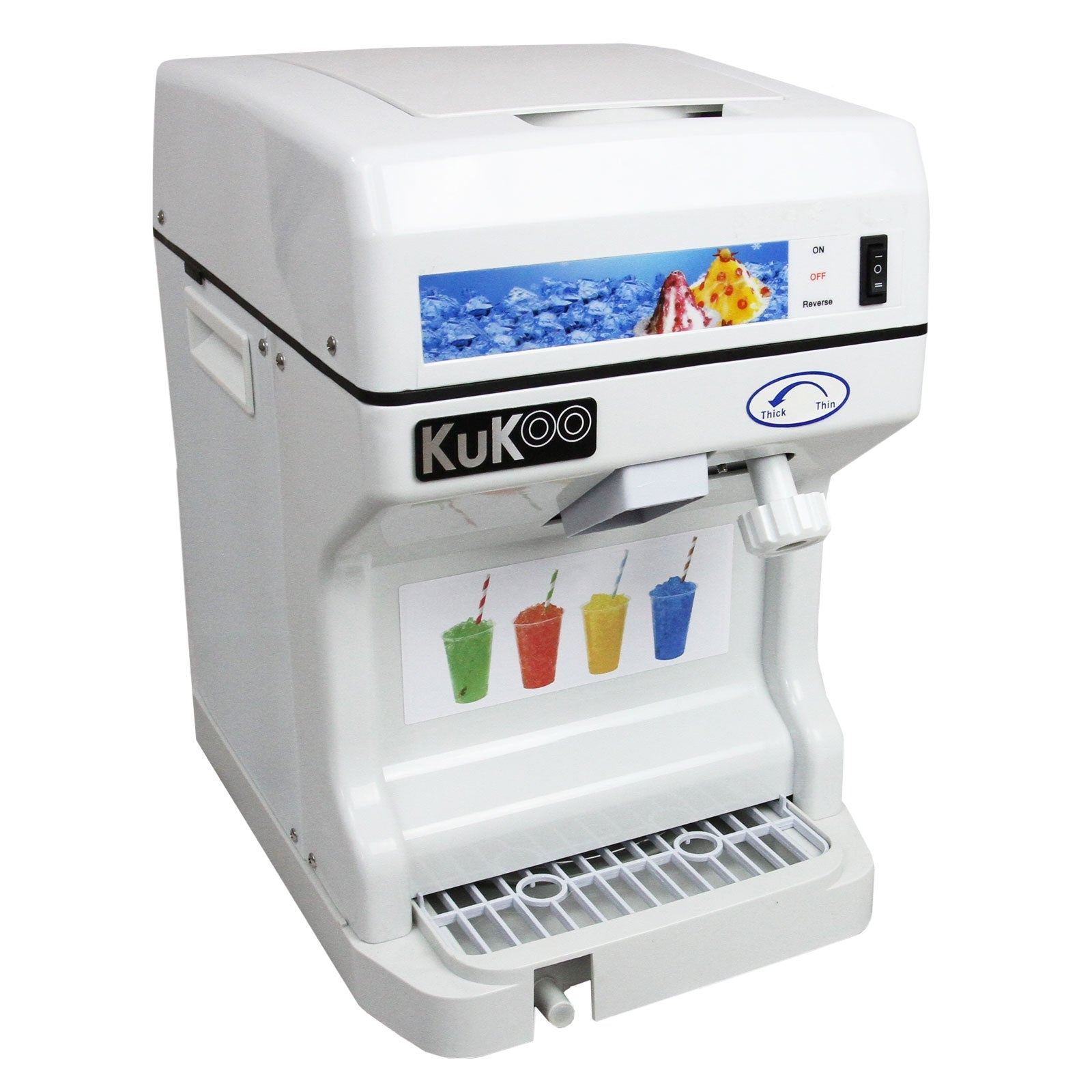 Una máquina raspadora de hielo blanca con logo "KuKoo", interruptores e imágenes de bebidas.
