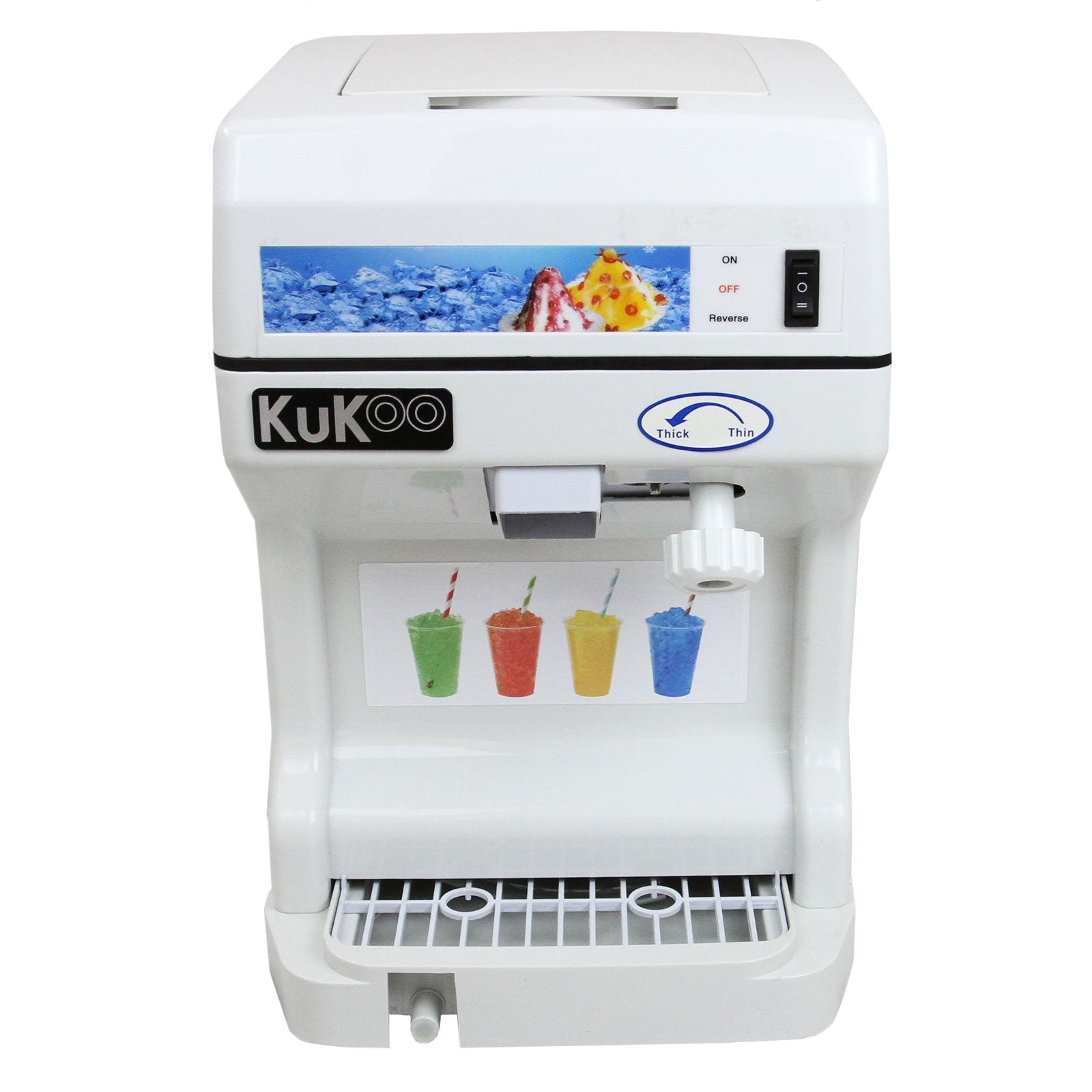 Máquina blanca raspadora de hielo con calcomanías de hielo y vasos. Controles arriba y adelante.