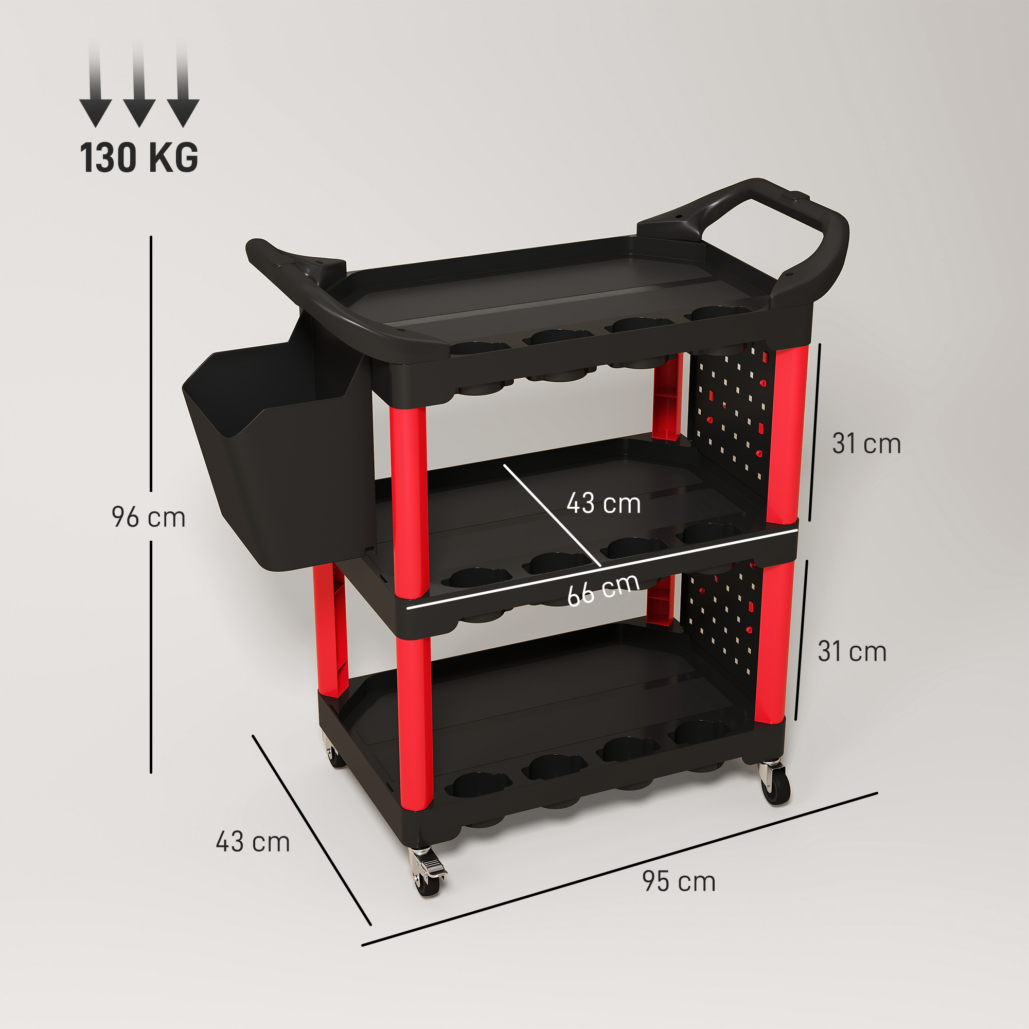 Carro de servicio negro con soportes rojos, 3 estantes, capacidad 130 kg.