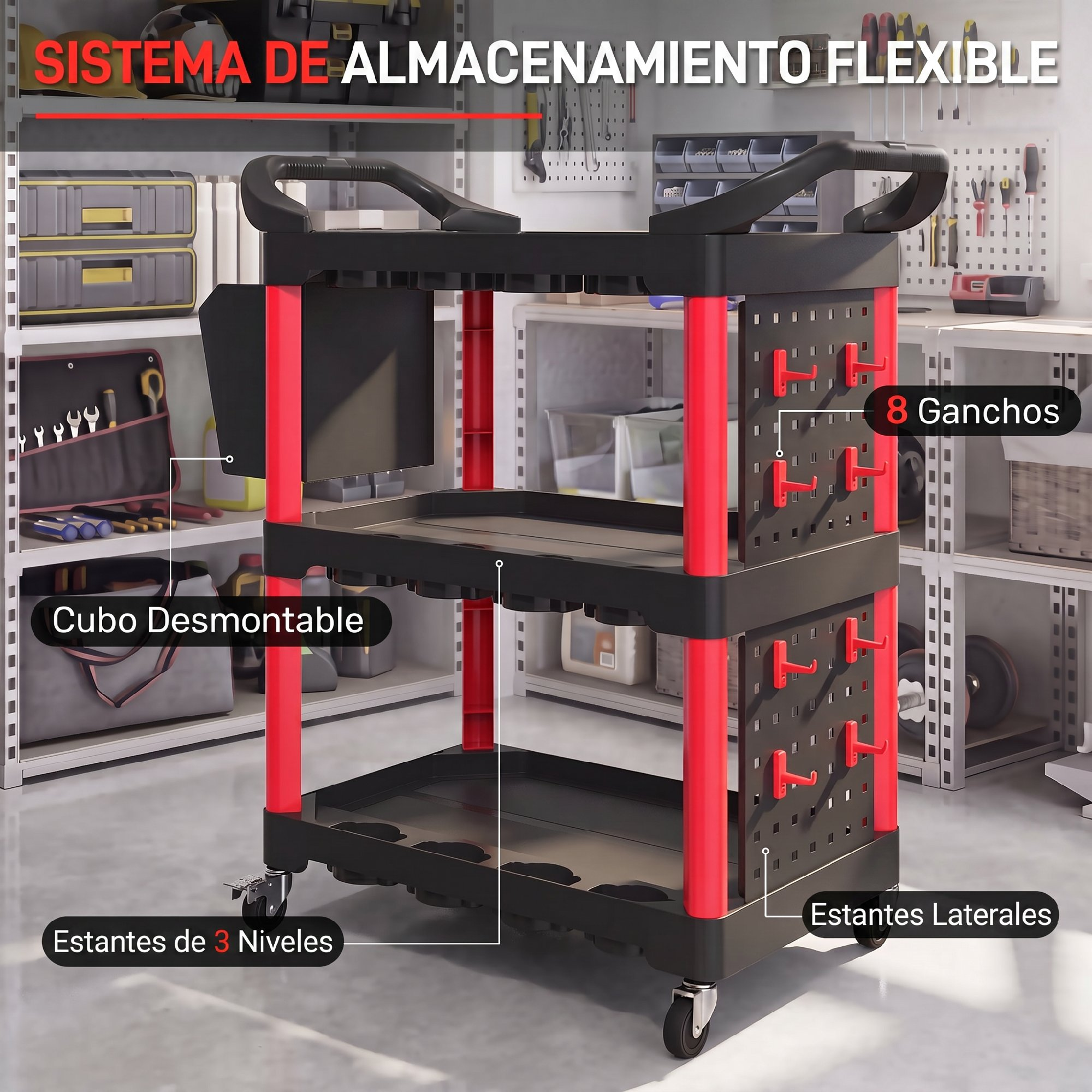 Un carrito de herramientas negro de tres niveles con postes rojos y ganchos.