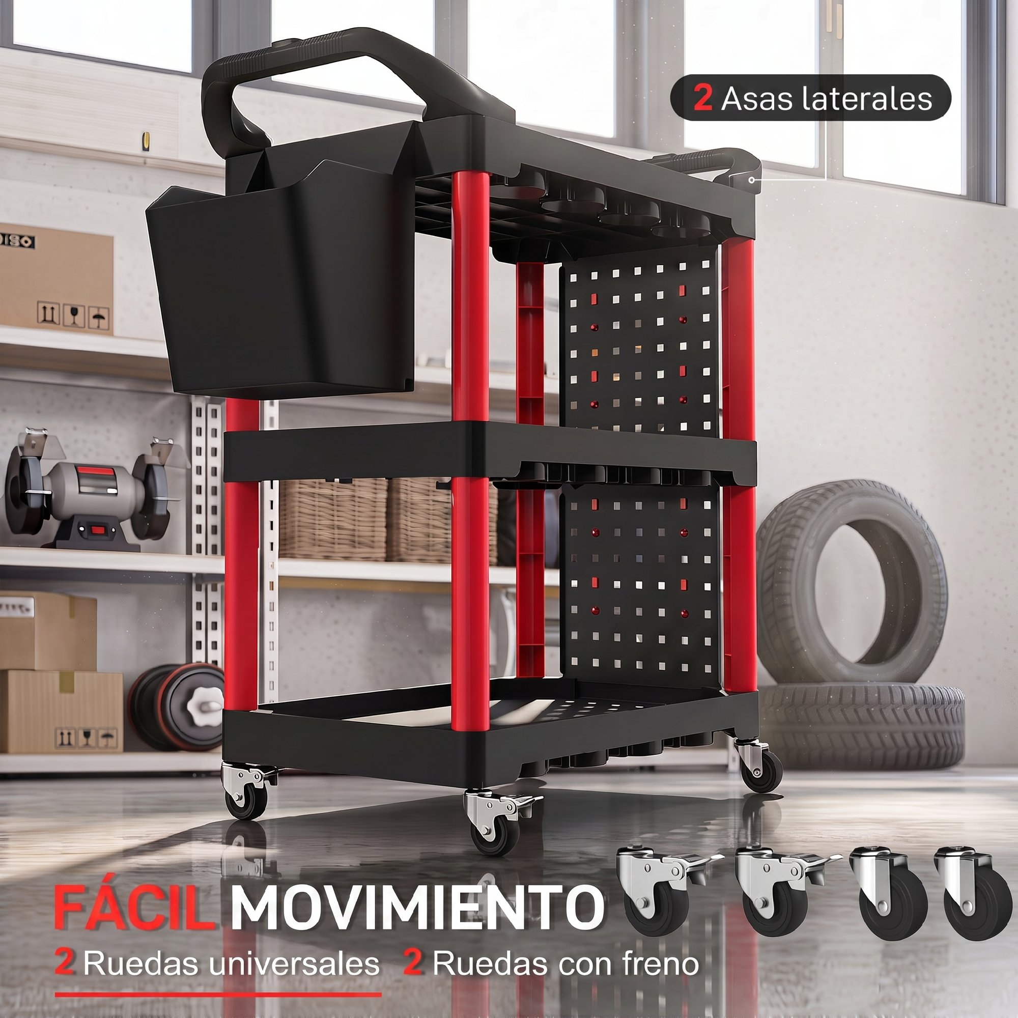 Un carrito de taller negro con soportes rojos y múltiples estantes.