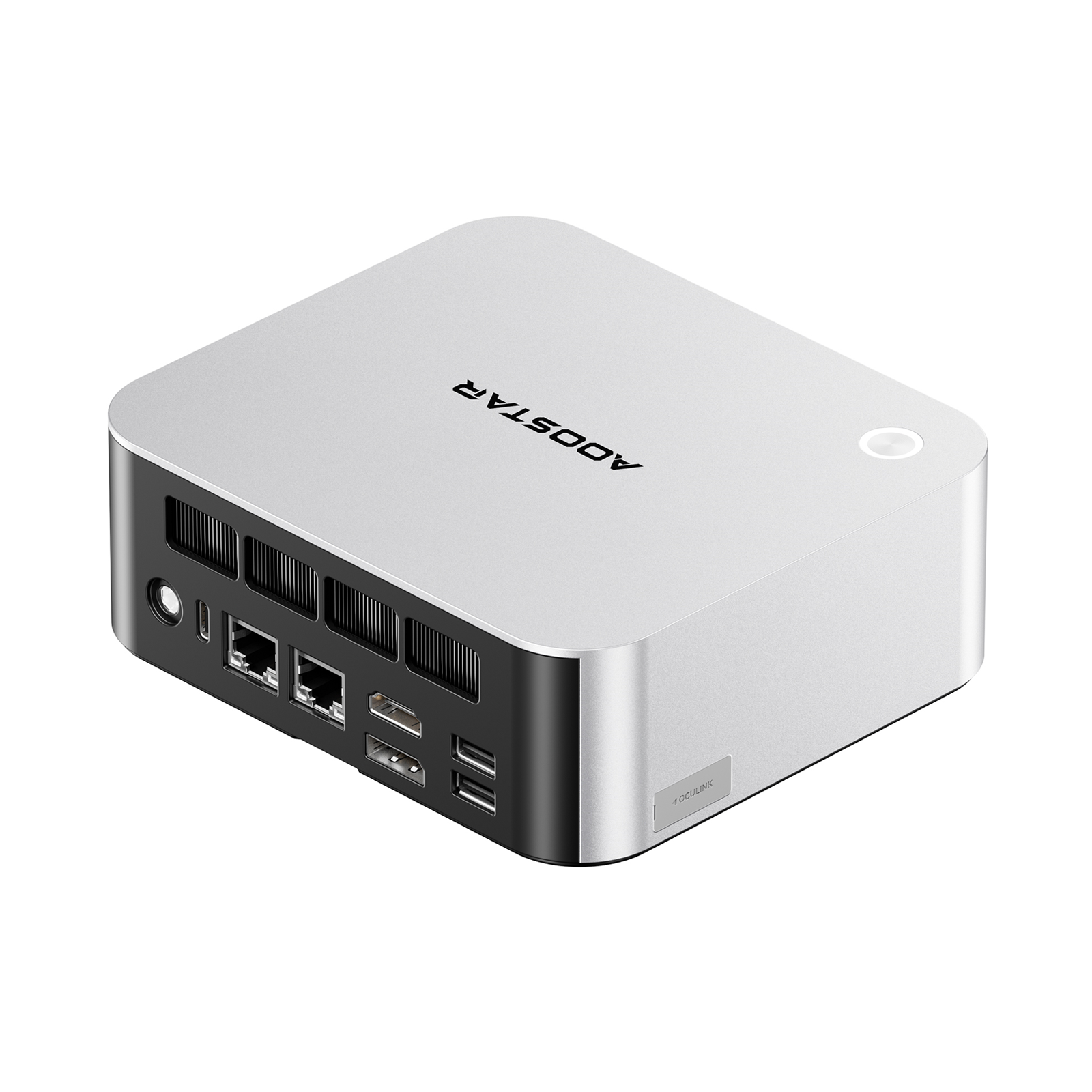 Un mini PC plateado con rejillas, puertos y logo.