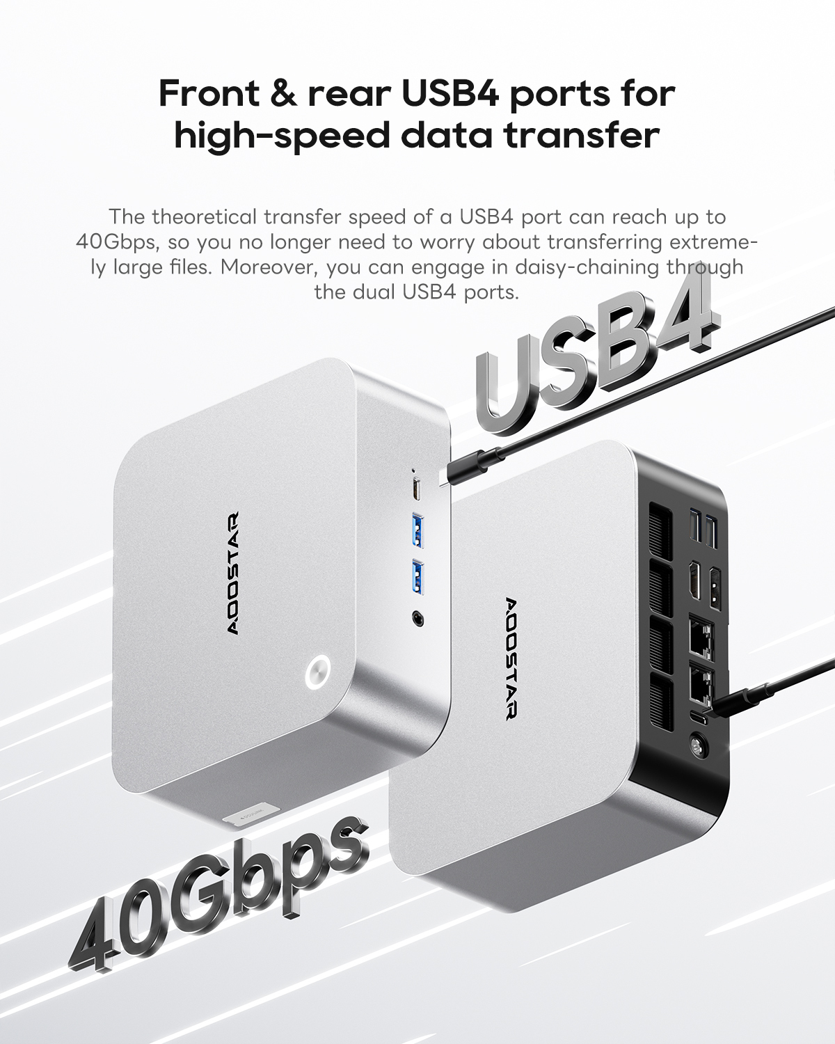 Dos dispositivos plateados AOOSTAR con puertos USB4 y texto 40Gbps.
