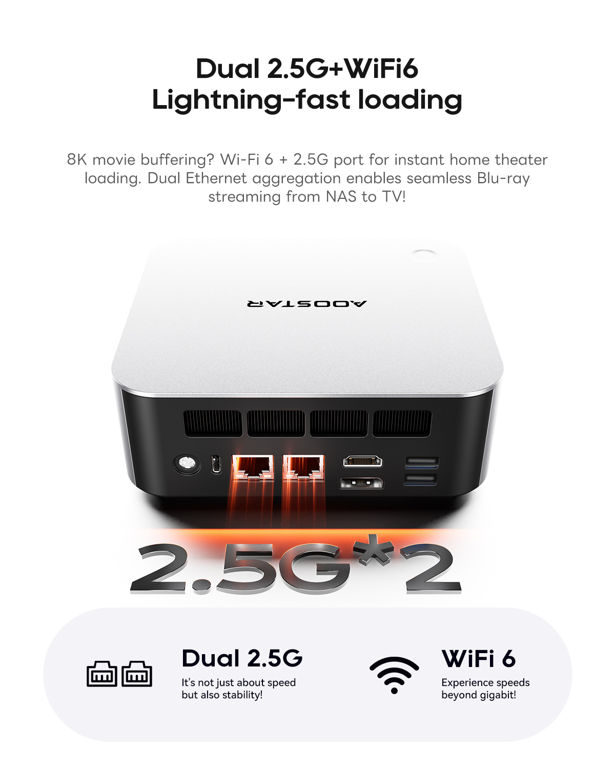 Un dispositivo de red negro y plateado con puertos 2.5G y WiFi 6.