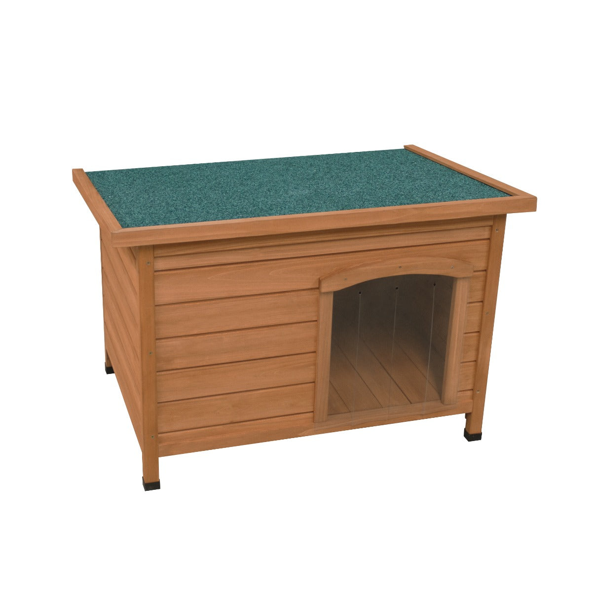 Casa de perro de madera con techo verde y entrada.