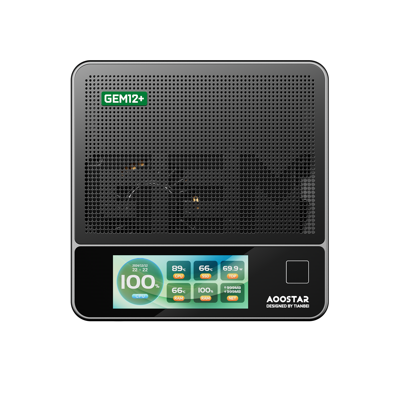 Mini PC AOOSTAR negro con rejilla y pantalla. Muestra 100% de carga de CPU y temperaturas.