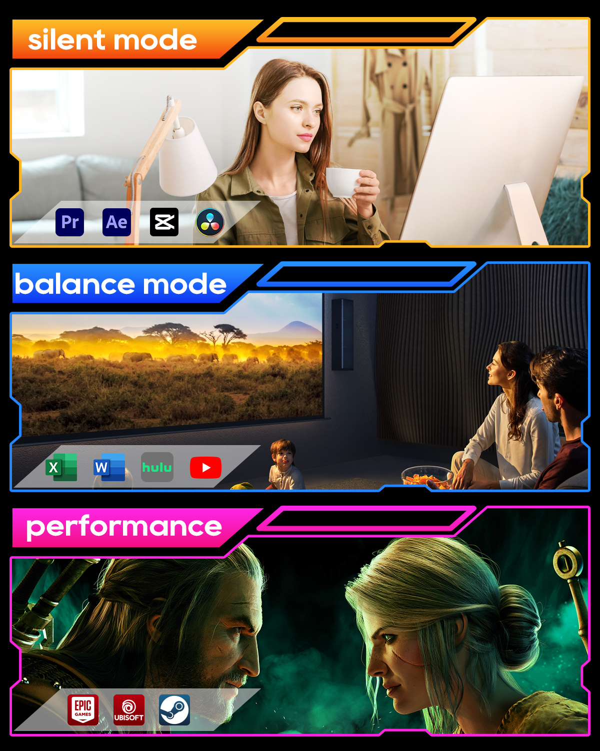 Tres modos: Mujer en PC, elefantes en sabana, dos personajes de juego.