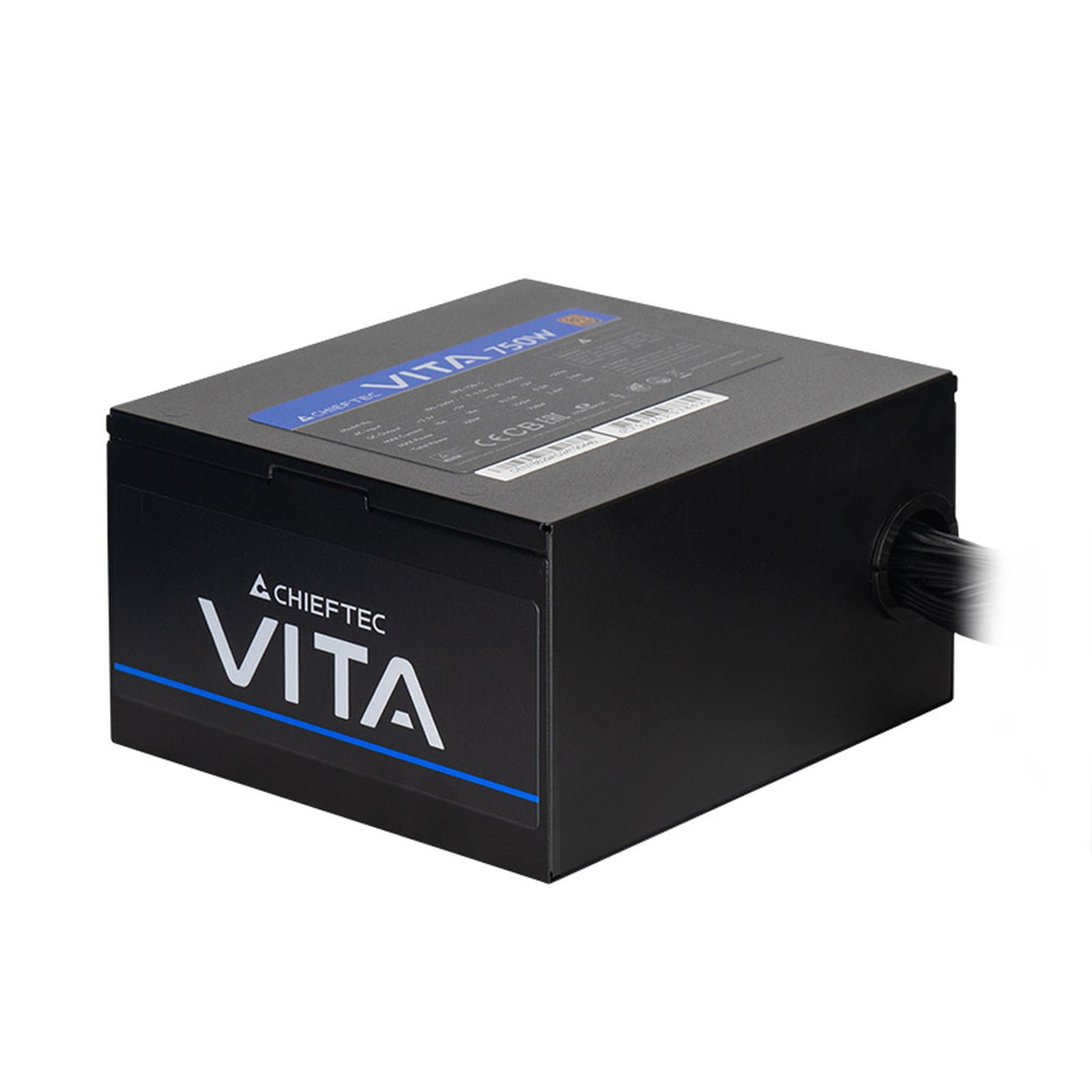 Czarny zasilacz z oznaczeniem CHIEFTEC VITA 750W i kablami.