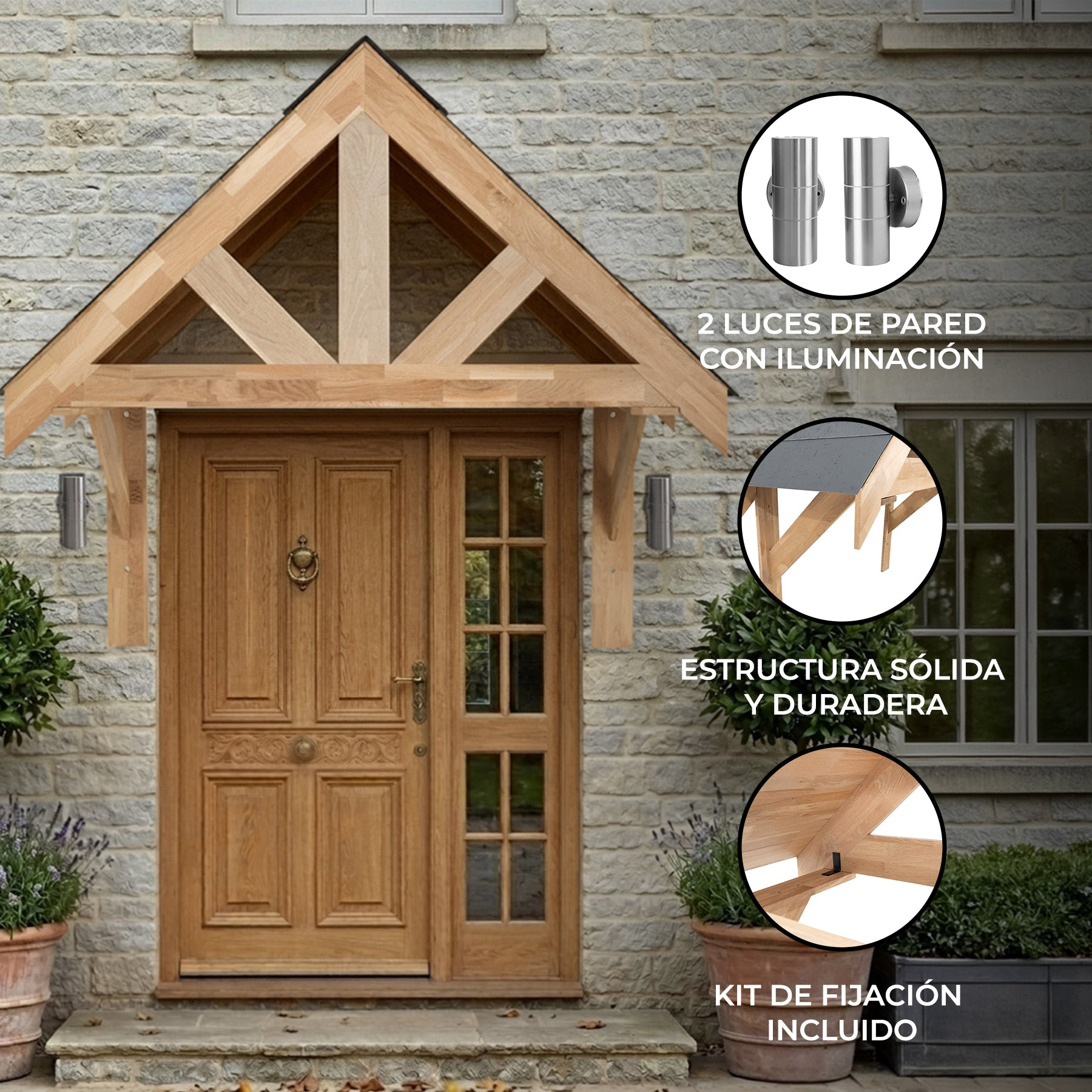 Porche de madera sobre puerta de madera con apliques y plantas.