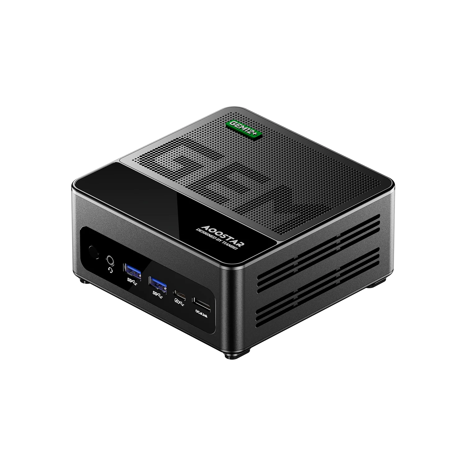 Un mini PC negro con puertos plateados y rejillas de ventilación.