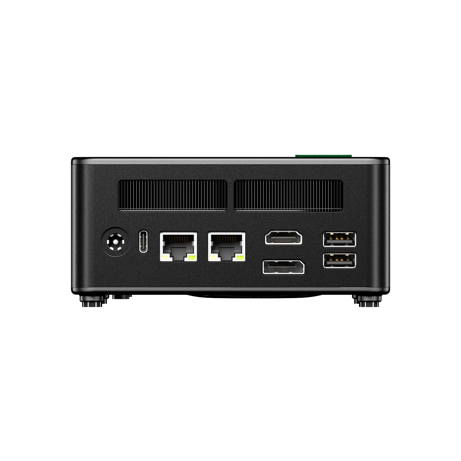 Mini PC negro con puertos: alimentación, USB-C, 2x LAN, 2x HDMI, 2x USB-A.