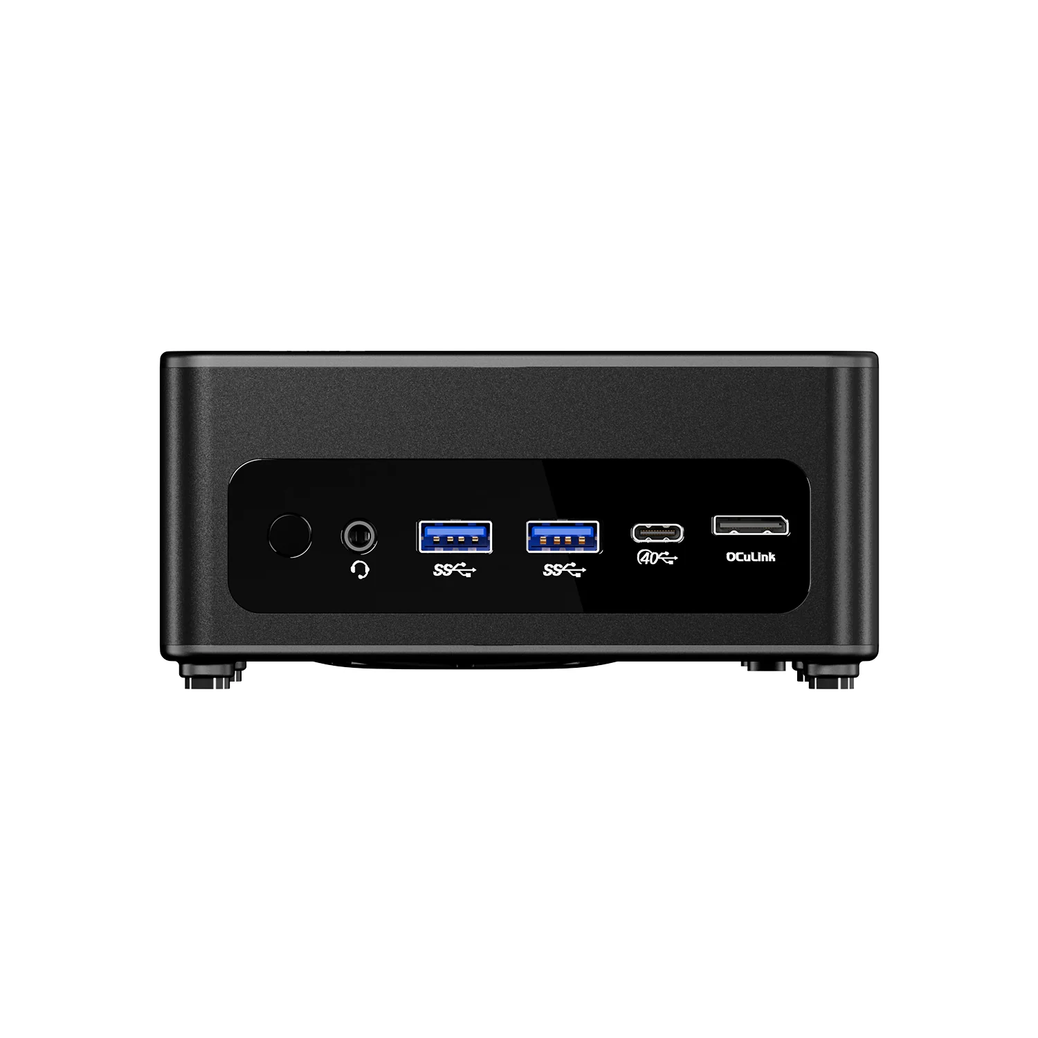 Mini PC negro con puertos: alimentación, auriculares, 2x USB, USB-C, OCuLink.