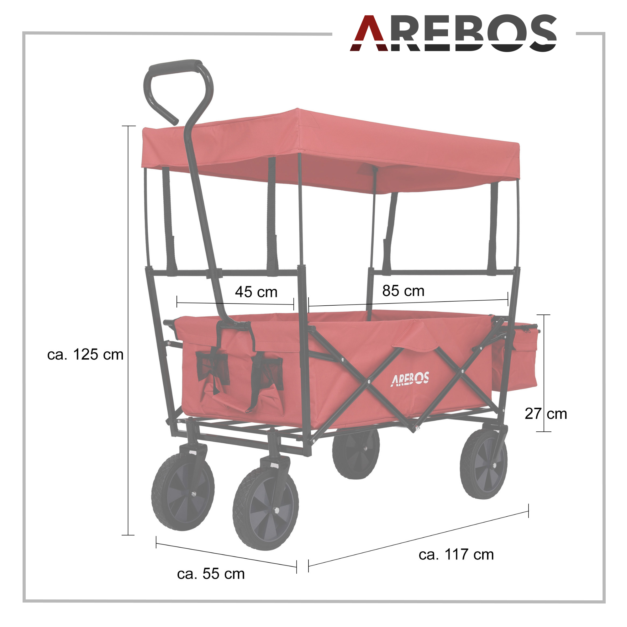 Roter Bollerwagen mit Sonnendach, Maße ca. 125x117x55 cm.
